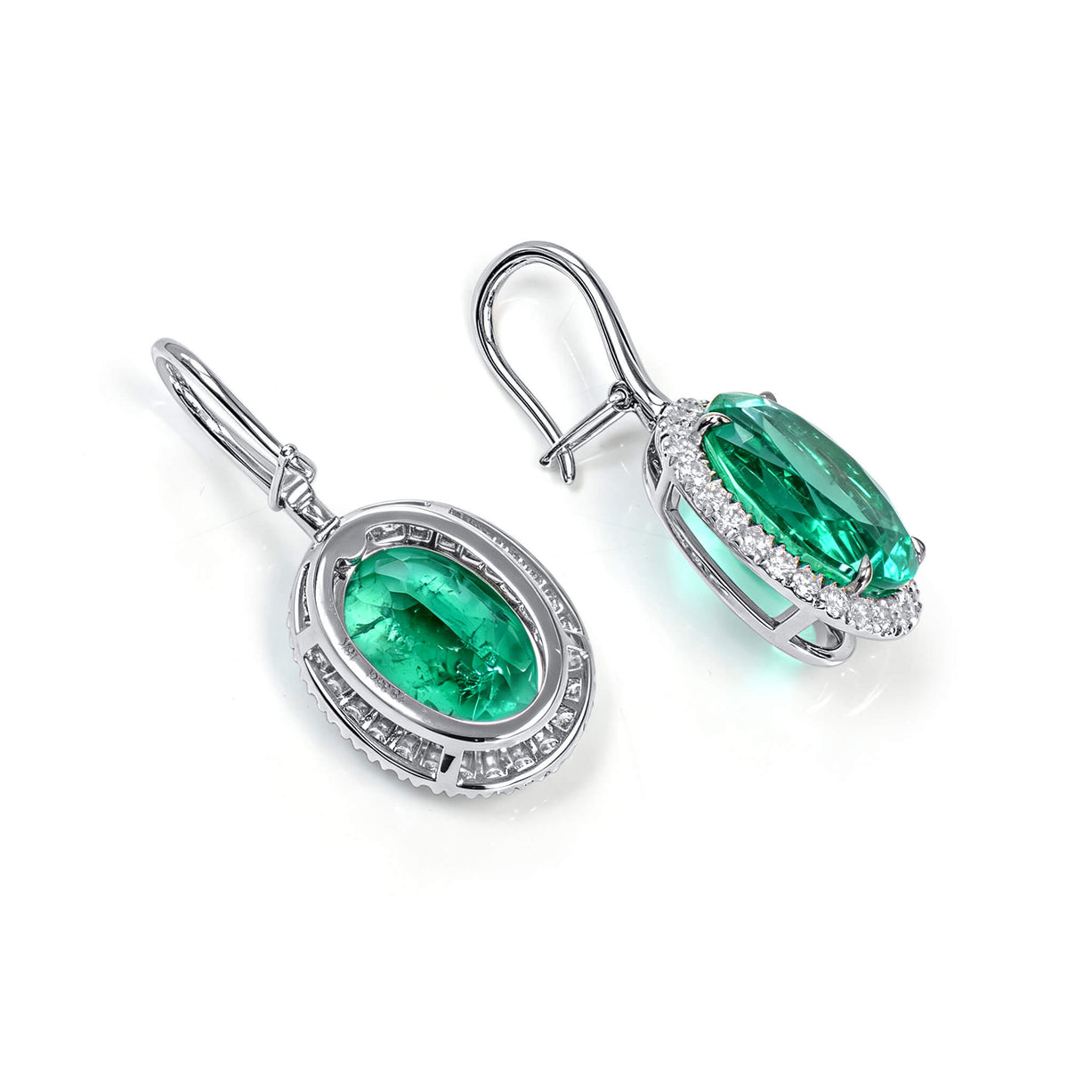 Natural 18.33 Ct. Oval-Cut Colombian Emerald & Diamond Drop Earrings, 18K White Gold