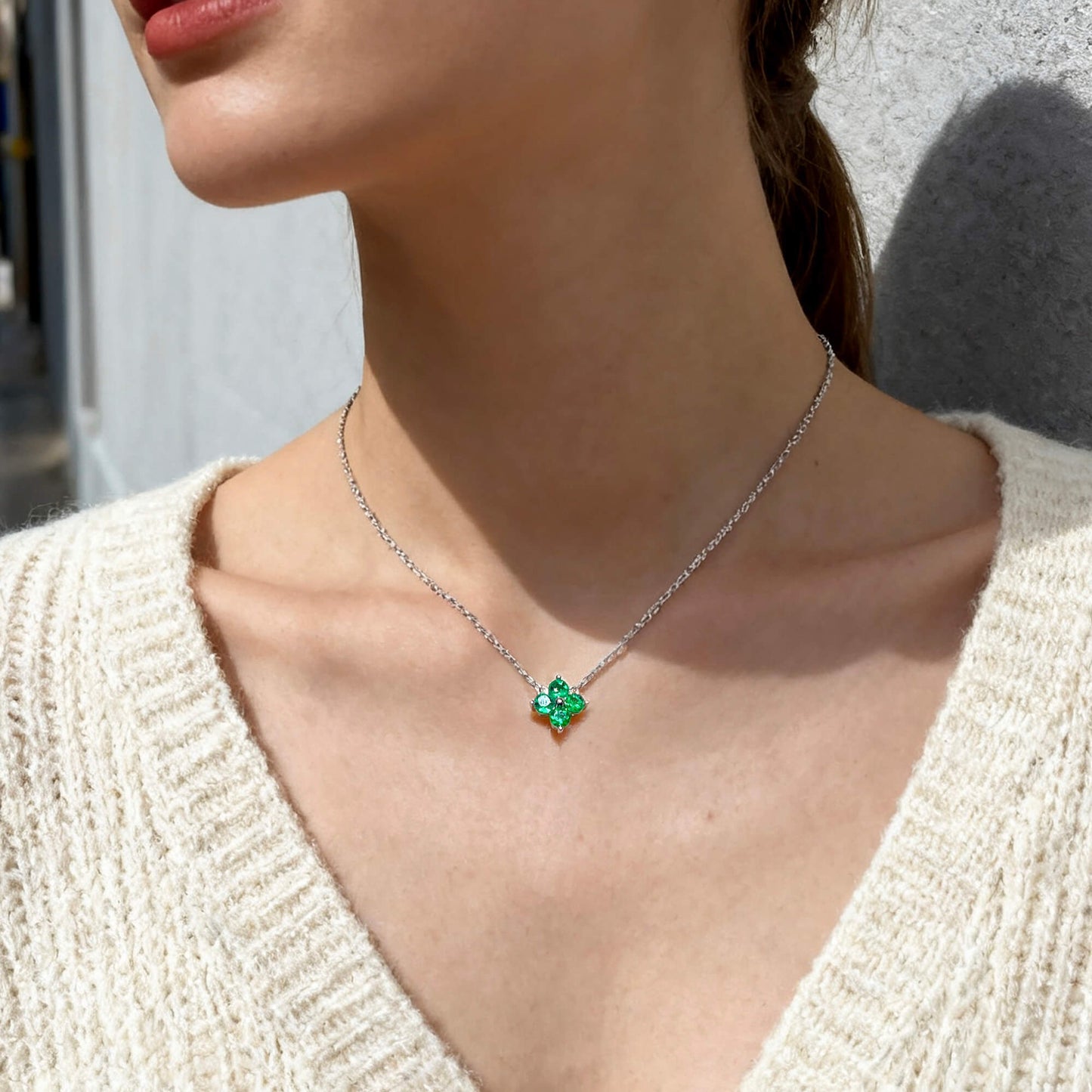 Natural 0.44 Ct. TW Emerald Clover Pendant, 14K White Gold