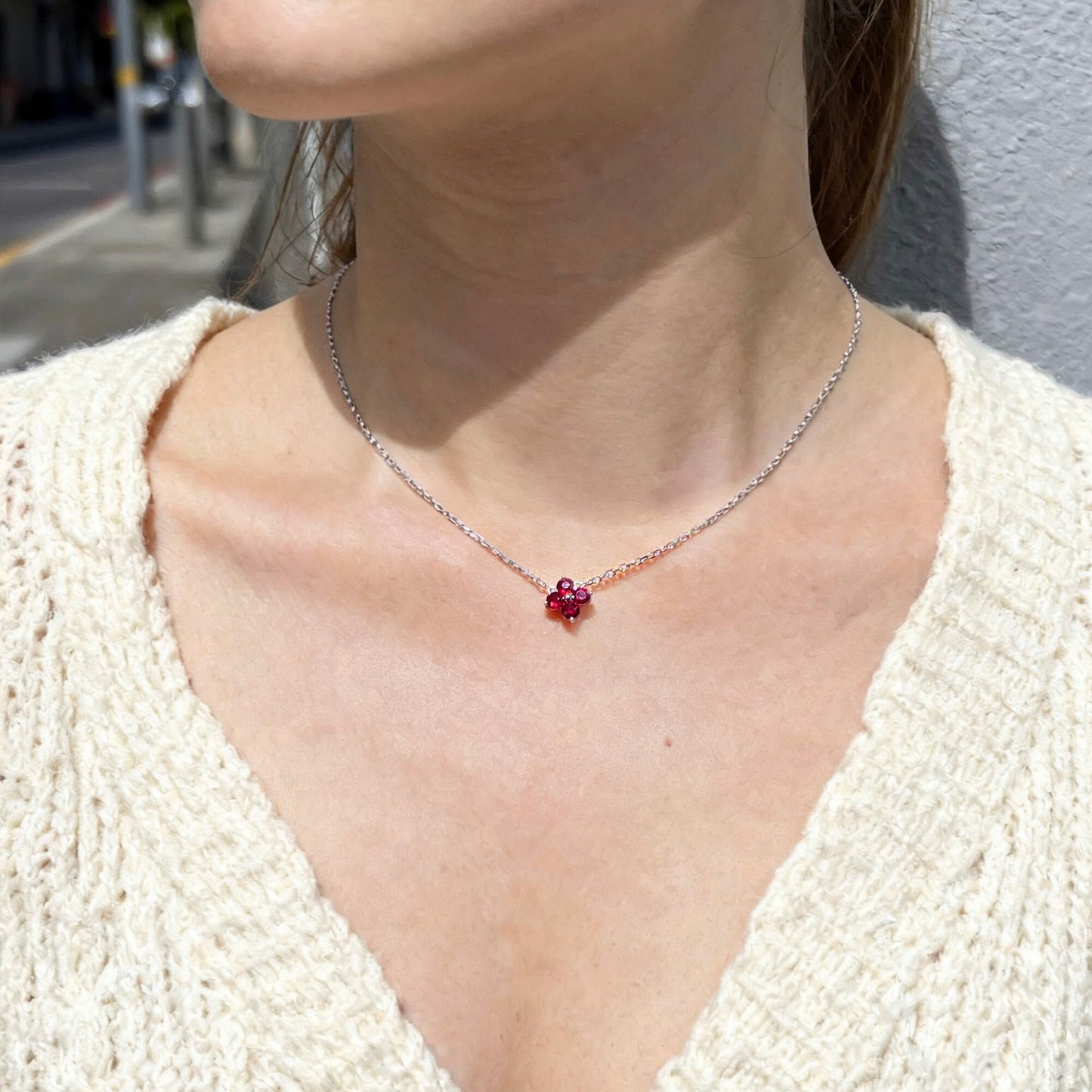 Natural 0.57 Ct. TW Ruby Clover Pendant, 14K White Gold
