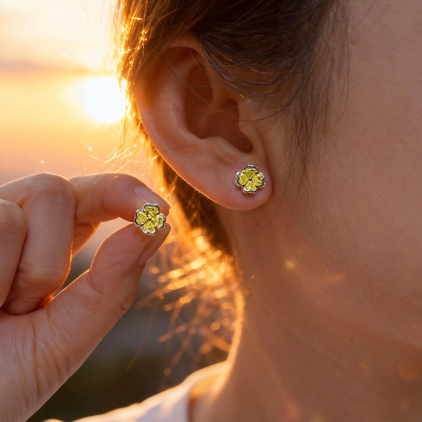 Natural 1.37 Ct. TW Fancy Intense Yellow Heart-Shaped Diamond Clover Stud Earrings, 14K White Gold