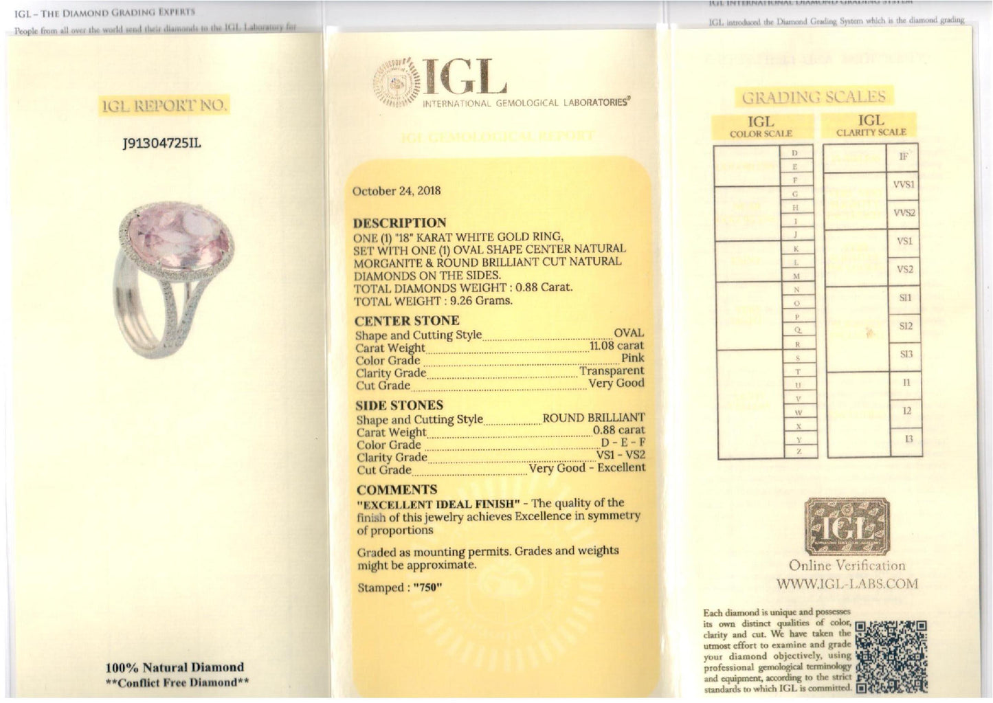 Natural Pink Morganite Ring, 11.96 Ct. TW, Oval shape IGL Certified