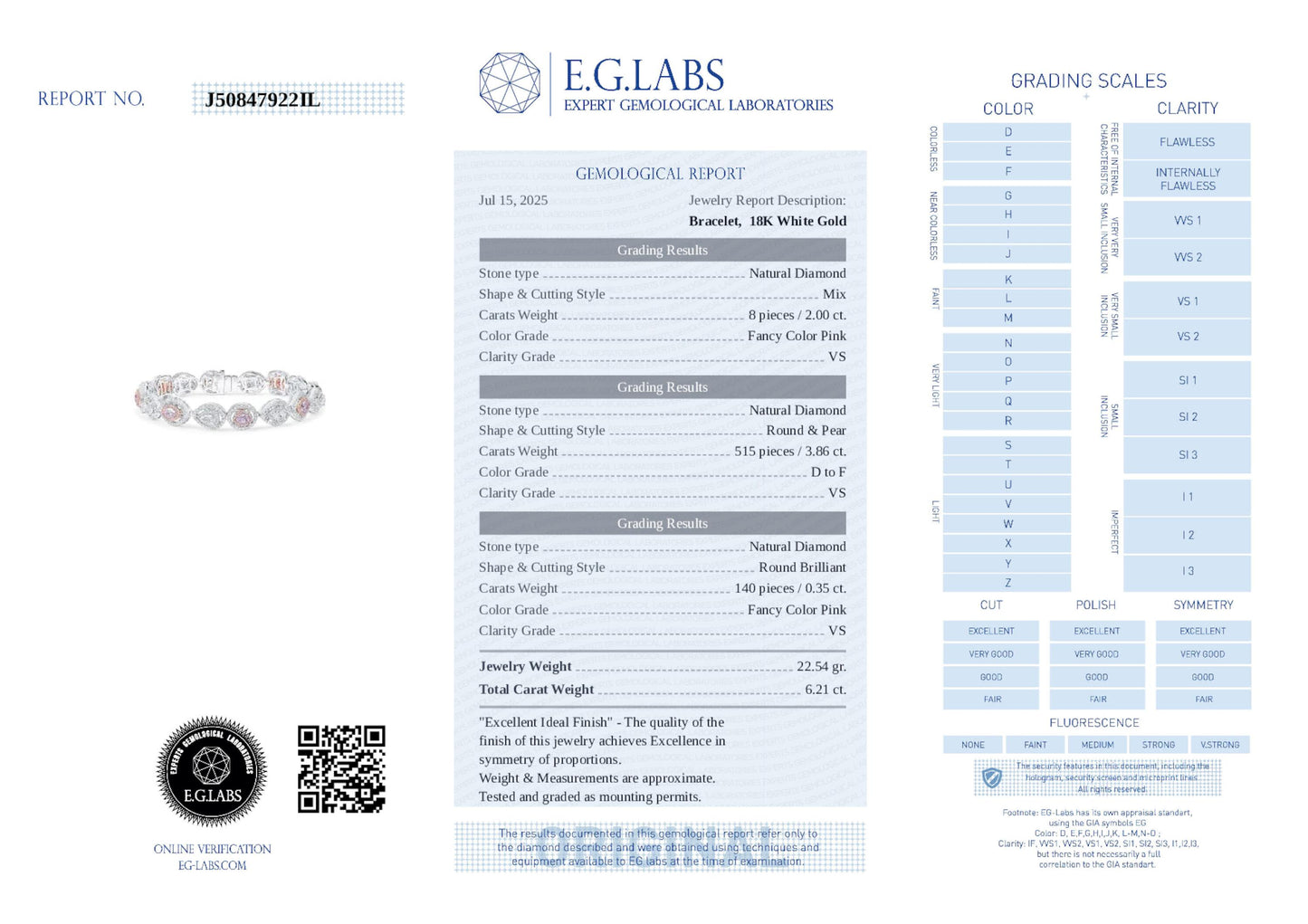 Fancy Pink Diamond Bracelet, 6.21 Ct. TW, MIX shape, EG_Lab Certified