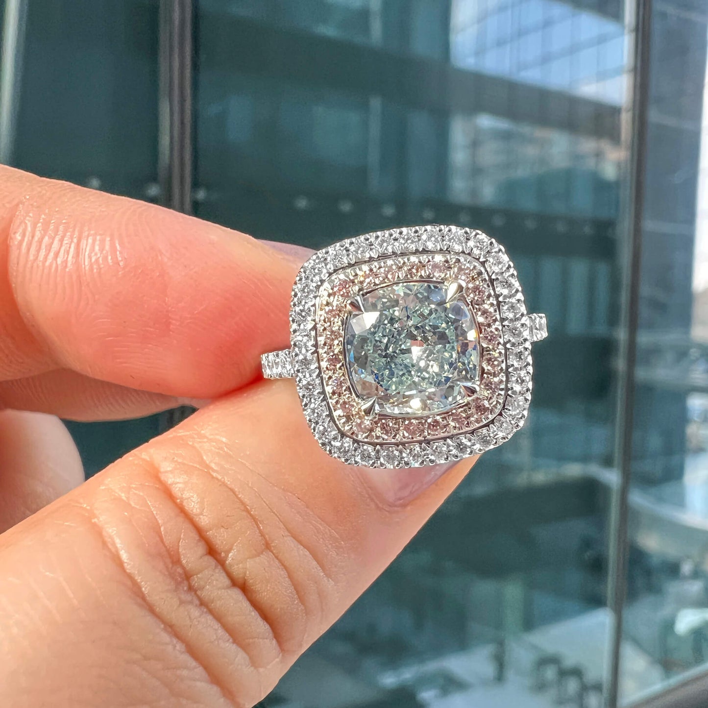 Fancy Green Diamond Ring, 1.81 Ct. TW, Cushion shape, GIA Certified