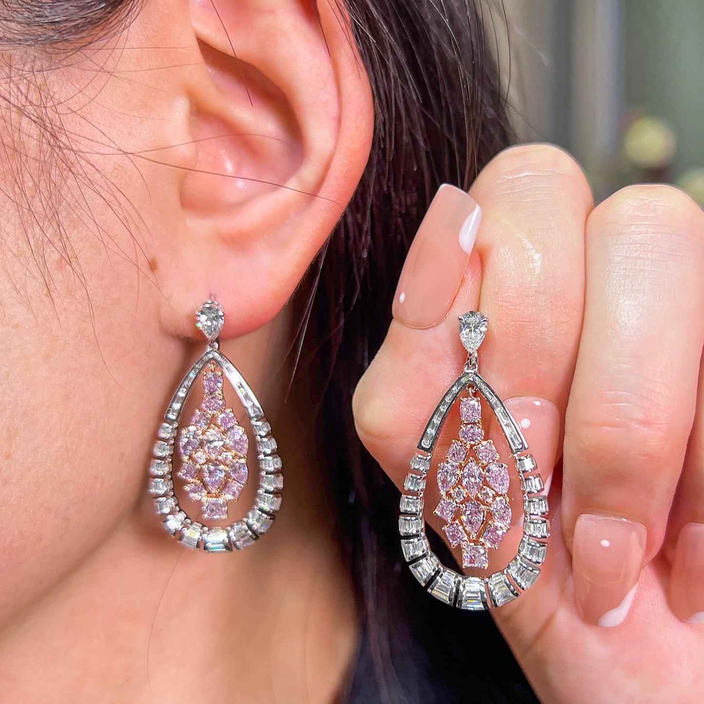 Natural Fancy Light Pink Diamond Drop Earrings, 18K White & Rose Gold, 5.49 Ct. TW