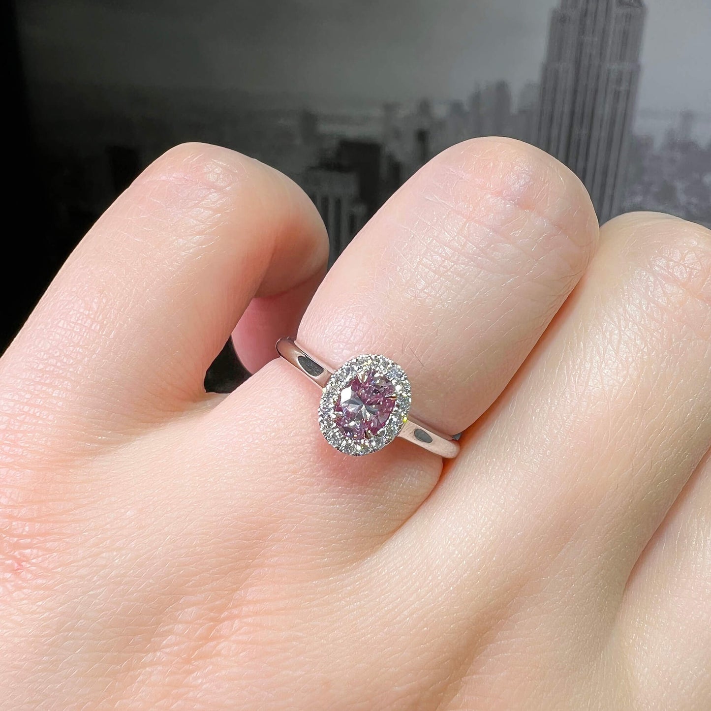 Natural Fancy Purplish Pink Diamond Halo Ring, 18K White & Rose Gold, Oval Shape, 0.49 Ct. TW