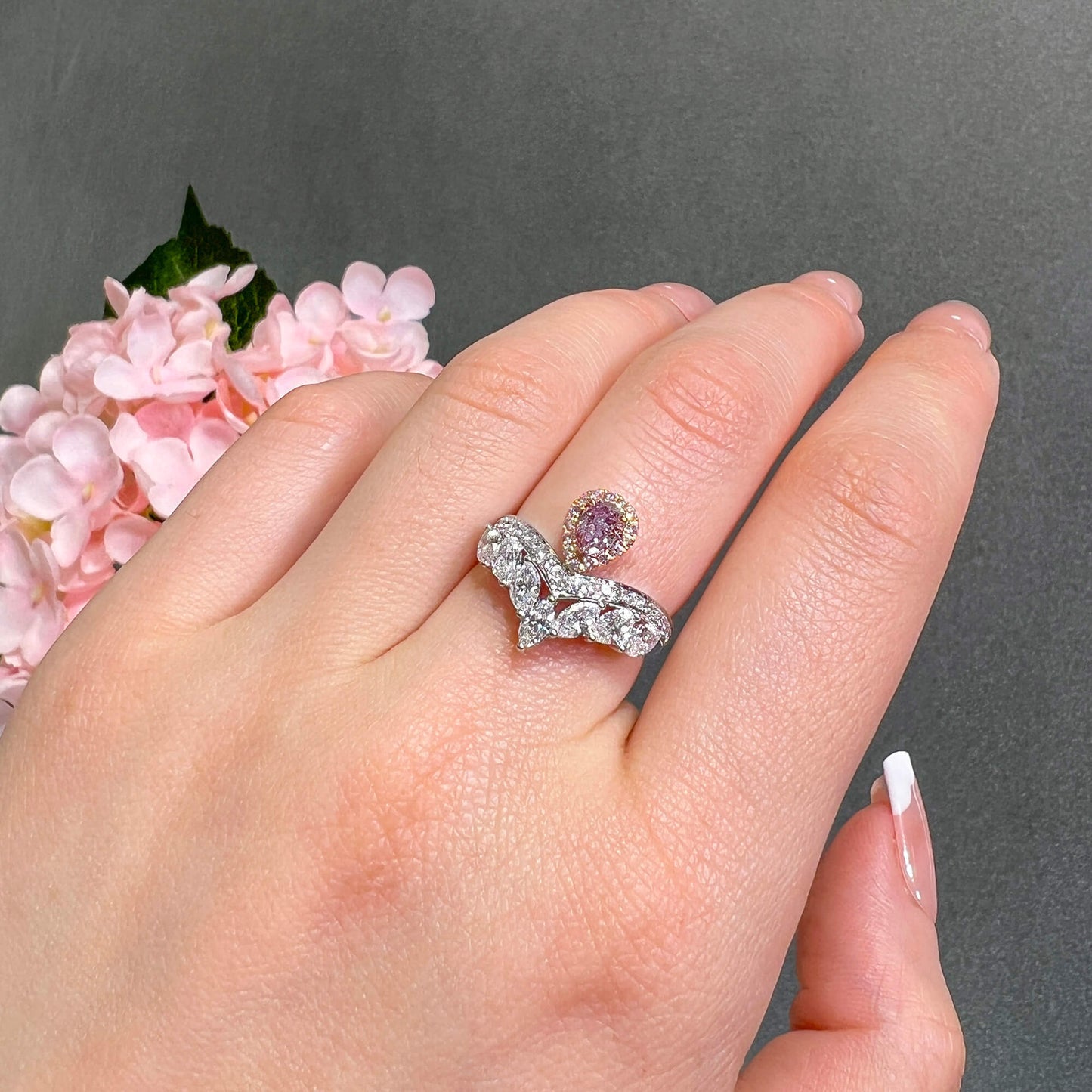 Natural Fancy Purplish Pink Diamond Halo Ring, 18K White Gold, Pear Shape, 1.68 Ct. TW