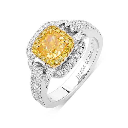 Fancy Vivid Yellow Diamond Ring, 1.82 Ct. TW, Cushion shape, GIA Certified