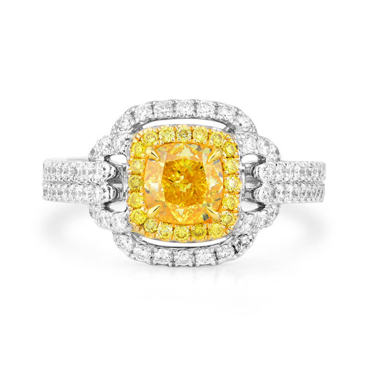 Fancy Vivid Yellow Diamond Ring, 1.82 Ct. TW, Cushion shape, GIA Certified