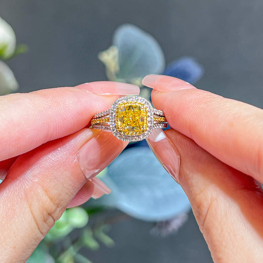 Fancy Vivid Yellow Diamond Ring, 2.08 Ct. TW, Cushion shape, GIA Certified