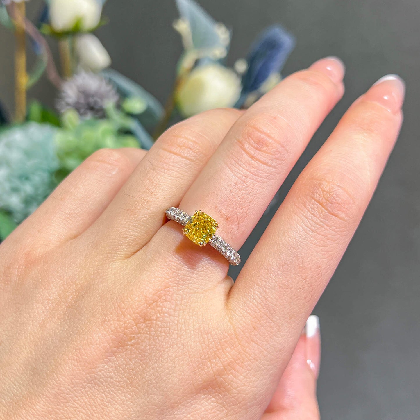 Fancy Vivid Yellow Diamond Ring, 2.37 Ct. TW, Cushion shape, GIA Certified
