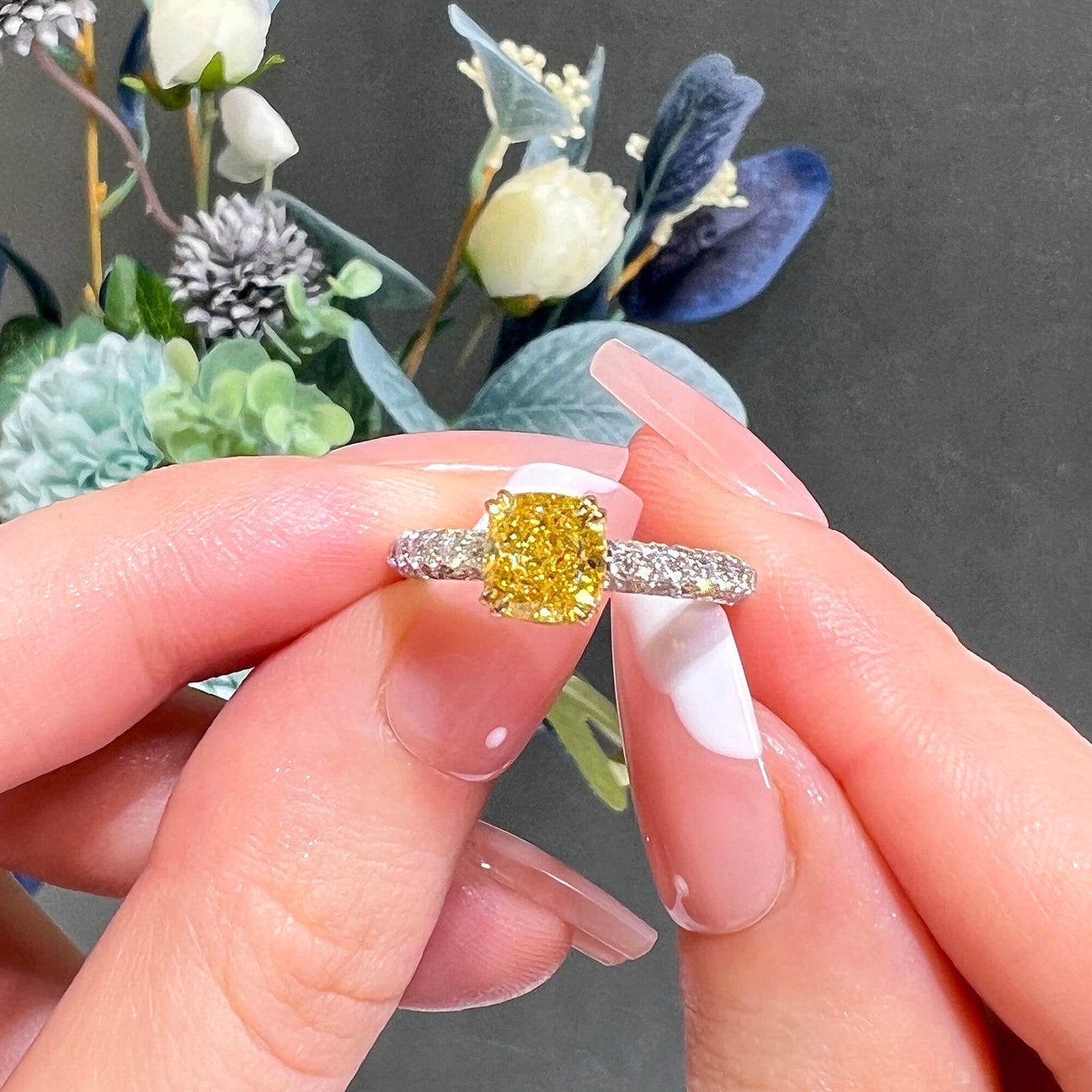 Fancy Vivid Yellow Diamond Ring, 2.37 Ct. TW, Cushion shape, GIA Certified