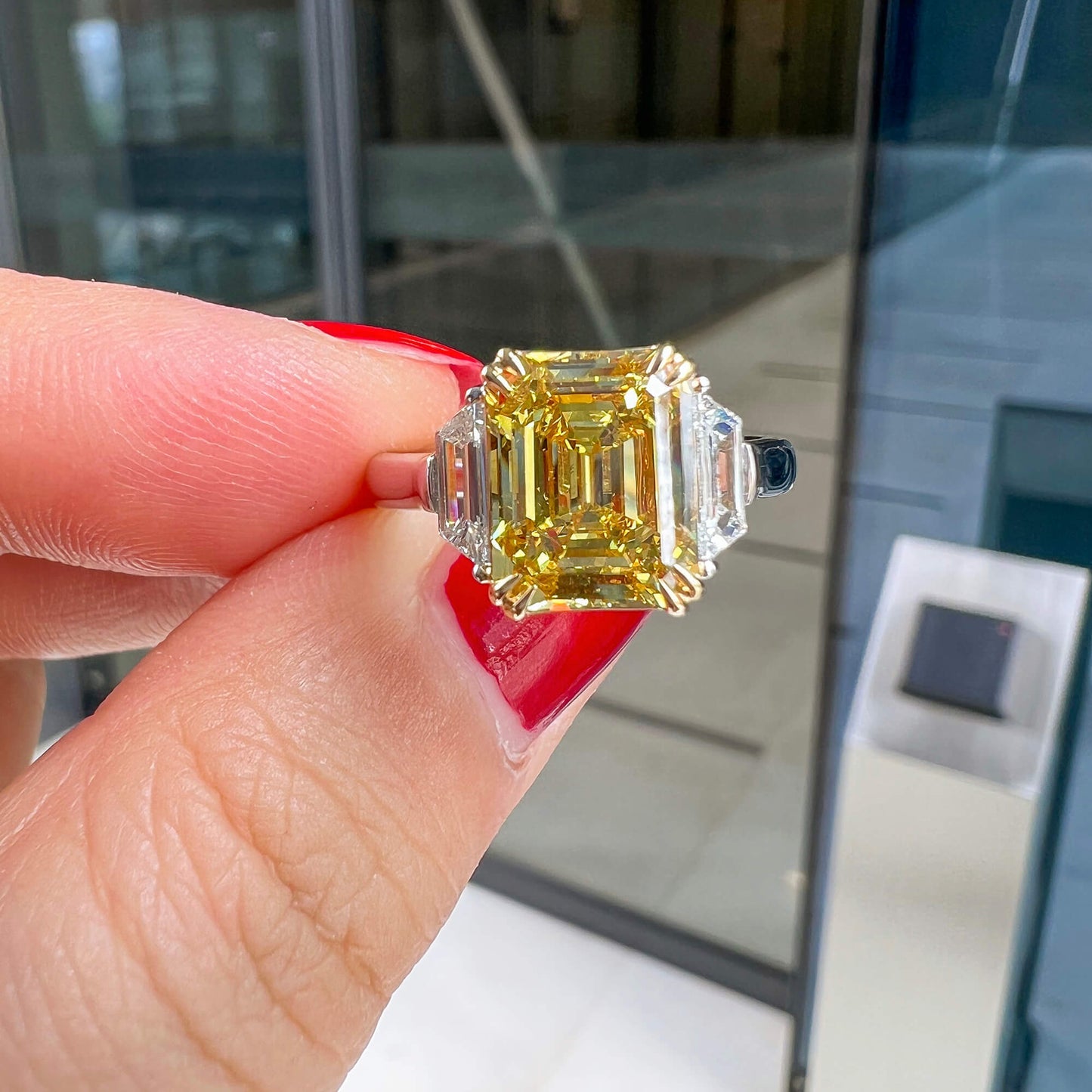 Natural Fancy Vivid Yellow Diamond Three Stone Ring, 18K White & Yellow Gold, Radiant Shape, 3.46 Ct. TW