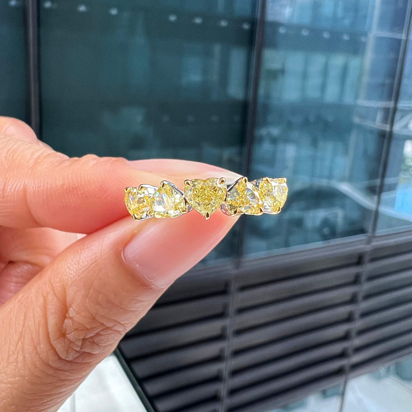 Natural Fancy Yellow Diamond Half Eternity Ring, 18K White Gold, Heart Shape, 1.85 Ct. TW