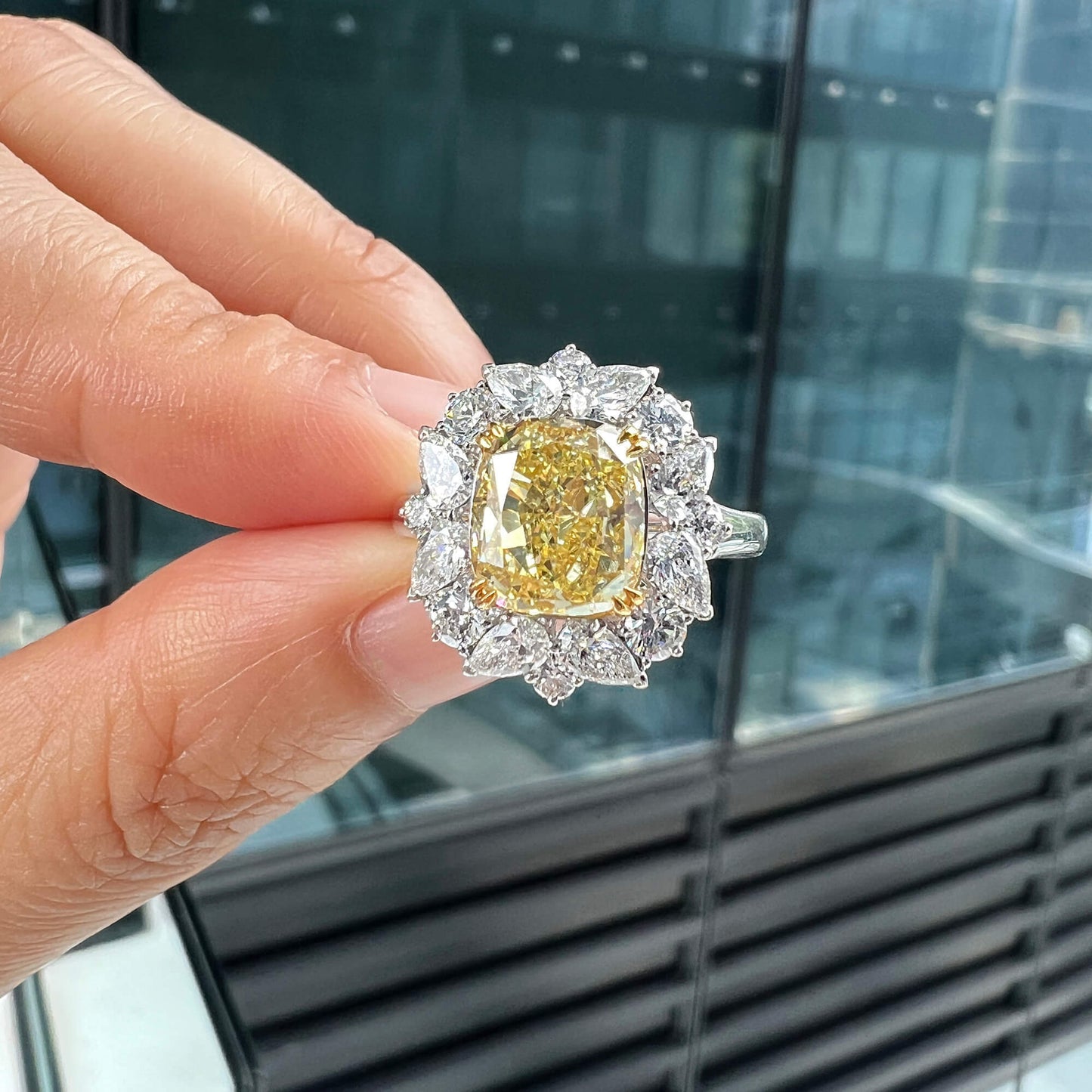 Fancy Yellow Diamond Ring, 4.24 Ct. TW, Cushion shape, GIA Certified