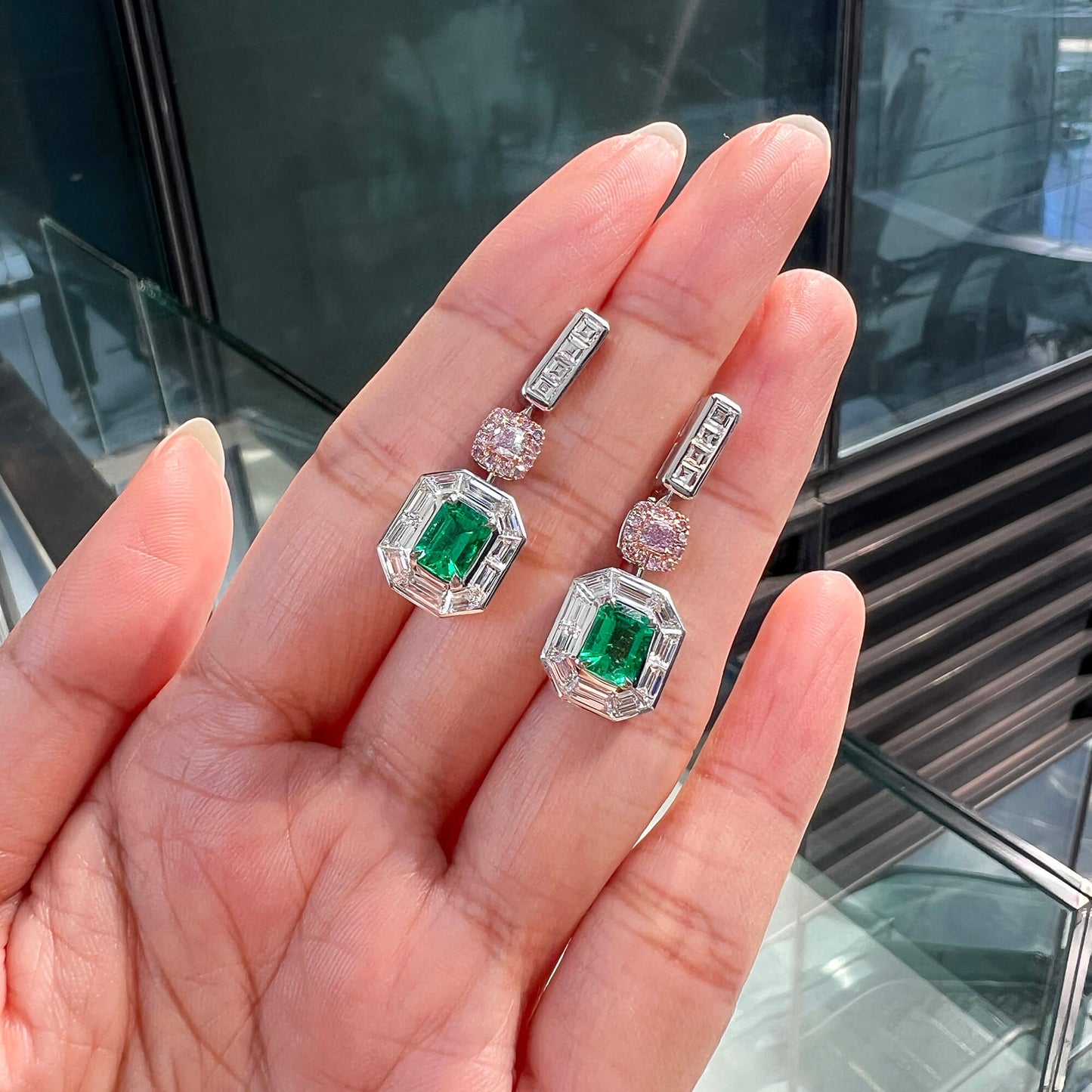 Natural Green Colombia Emerald Earrings, 5.04 Ct. TW, Emerald shape, GRS Certified