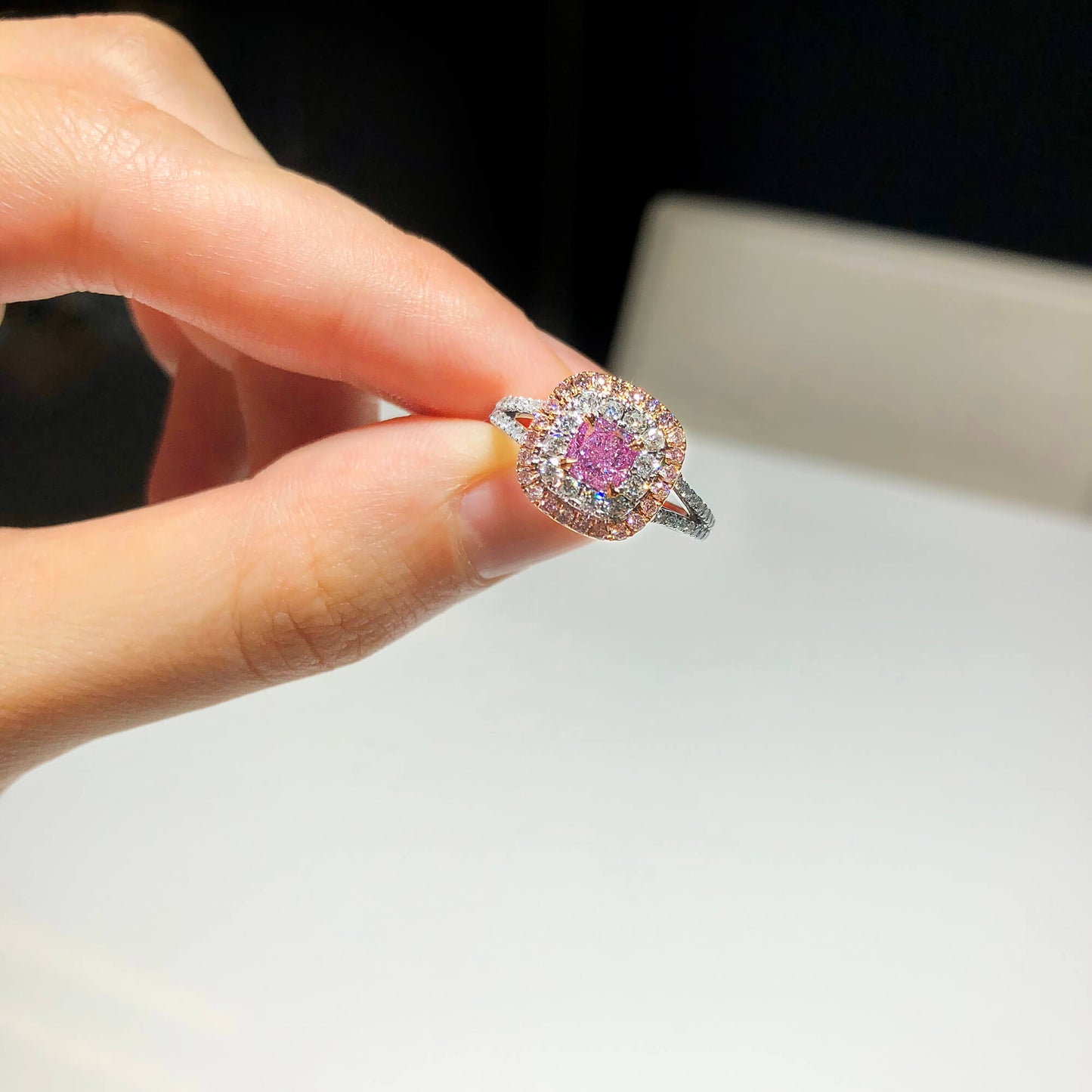 Light Pink Diamond Ring, 1.07 Ct. TW, Cushion shape, GIA Certified