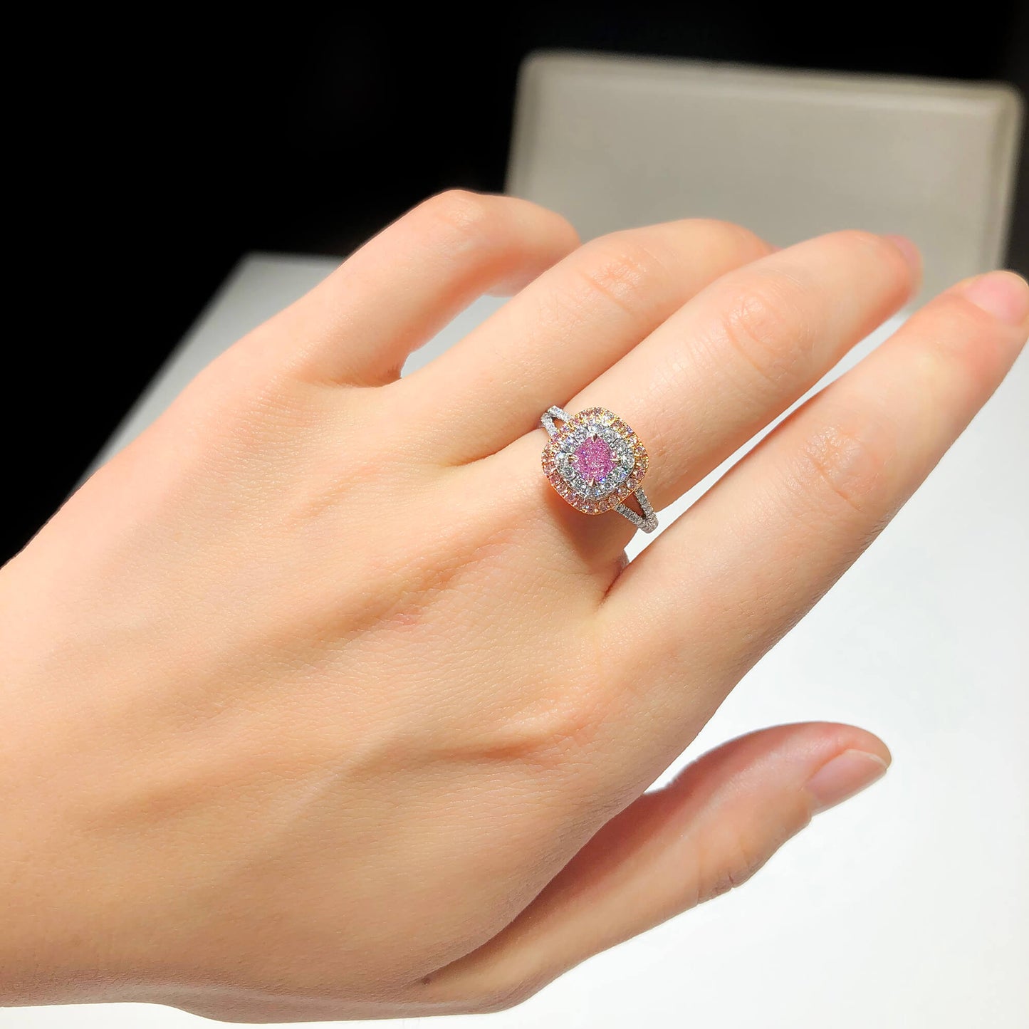 Light Pink Diamond Ring, 1.07 Ct. TW, Cushion shape, GIA Certified