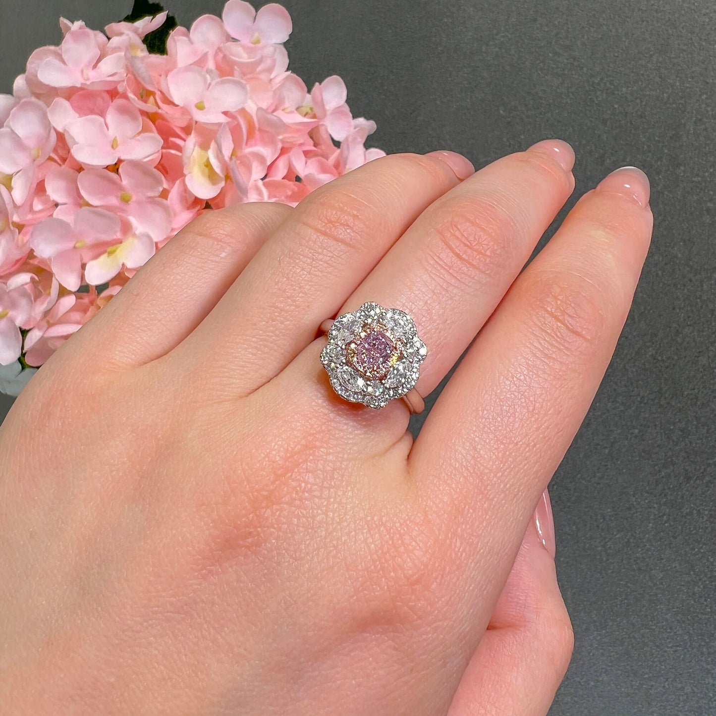 Light Pink Diamond Ring, 1.33 Ct. TW, Cushion shape, GIA Certified