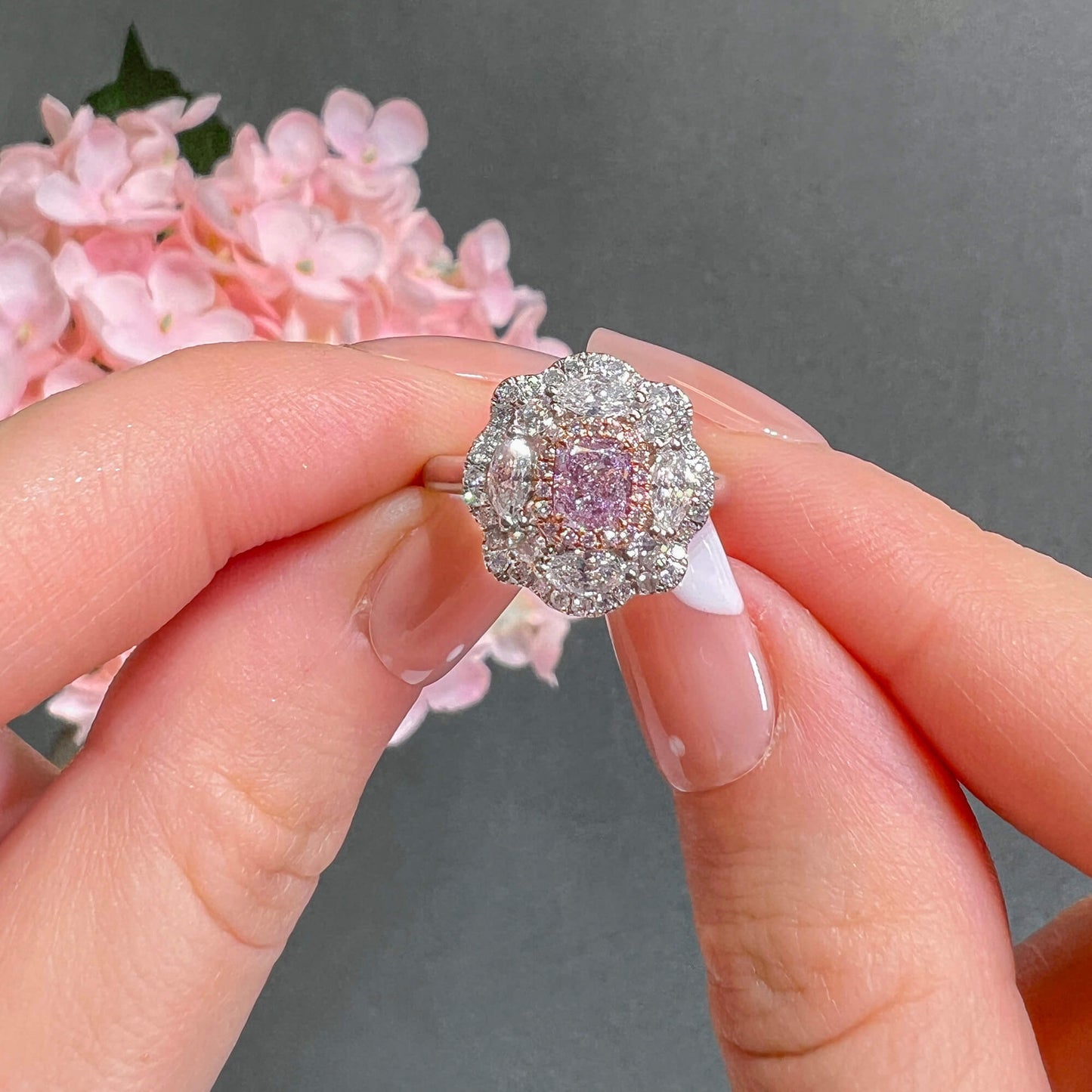 Natural Light Pink Diamond Halo Ring, 18K White & Rose Gold, Cushion Shape, 1.33 Ct. TW