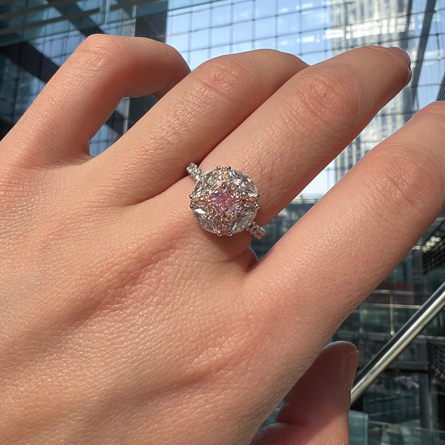 Natural Light Pink Diamond Ring, 18K White & Rose Gold, Radiant Shape, 1.93 Ct. TW