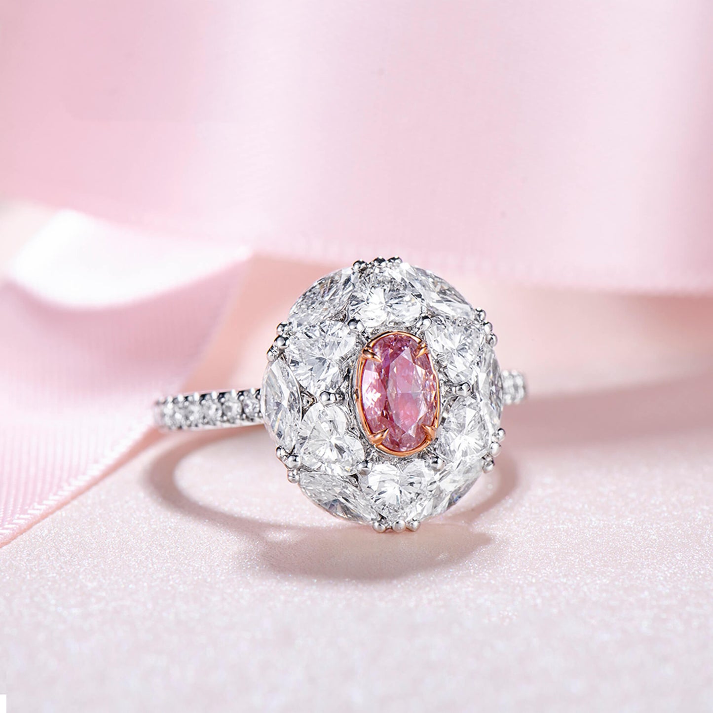 Natural Light Pink Diamond Ring, 18K White & Rose Gold, Oval Shape, 2.85 Ct. TW