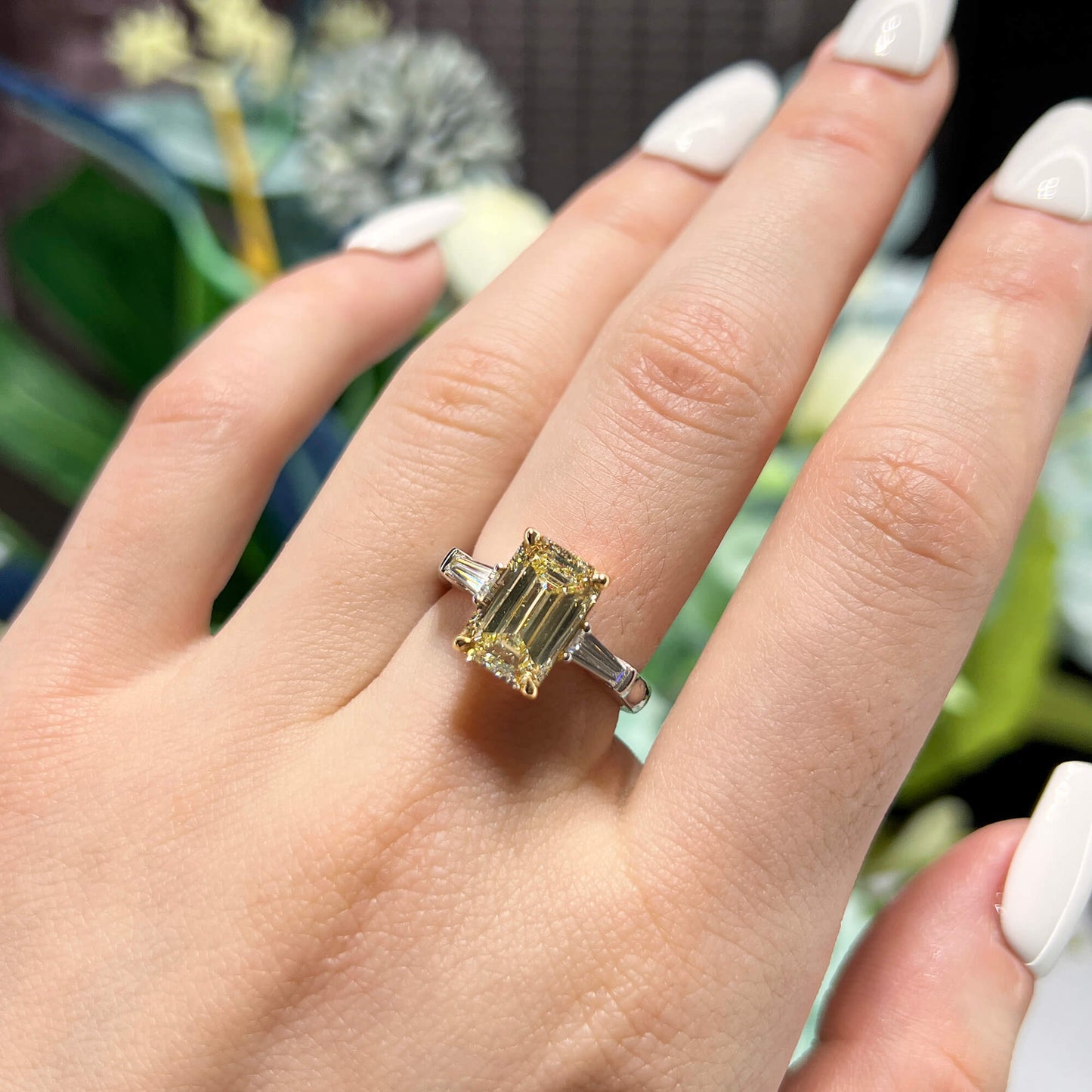 Light Yellow (U-V) Diamond Ring, 3.33 Ct. TW, Emerald shape, GIA Certified