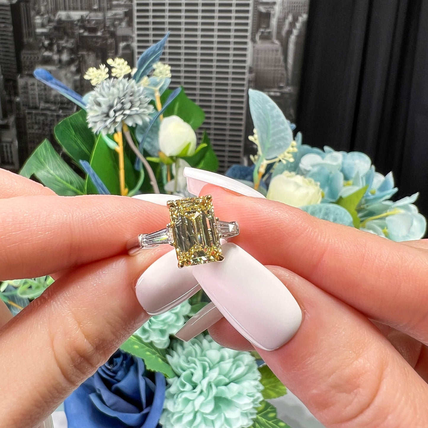 Natural Light Yellow (U-V) Diamond Three Stone Ring, 18K White & Yellow Gold, Emerald Shape, 3.33 Ct. TW