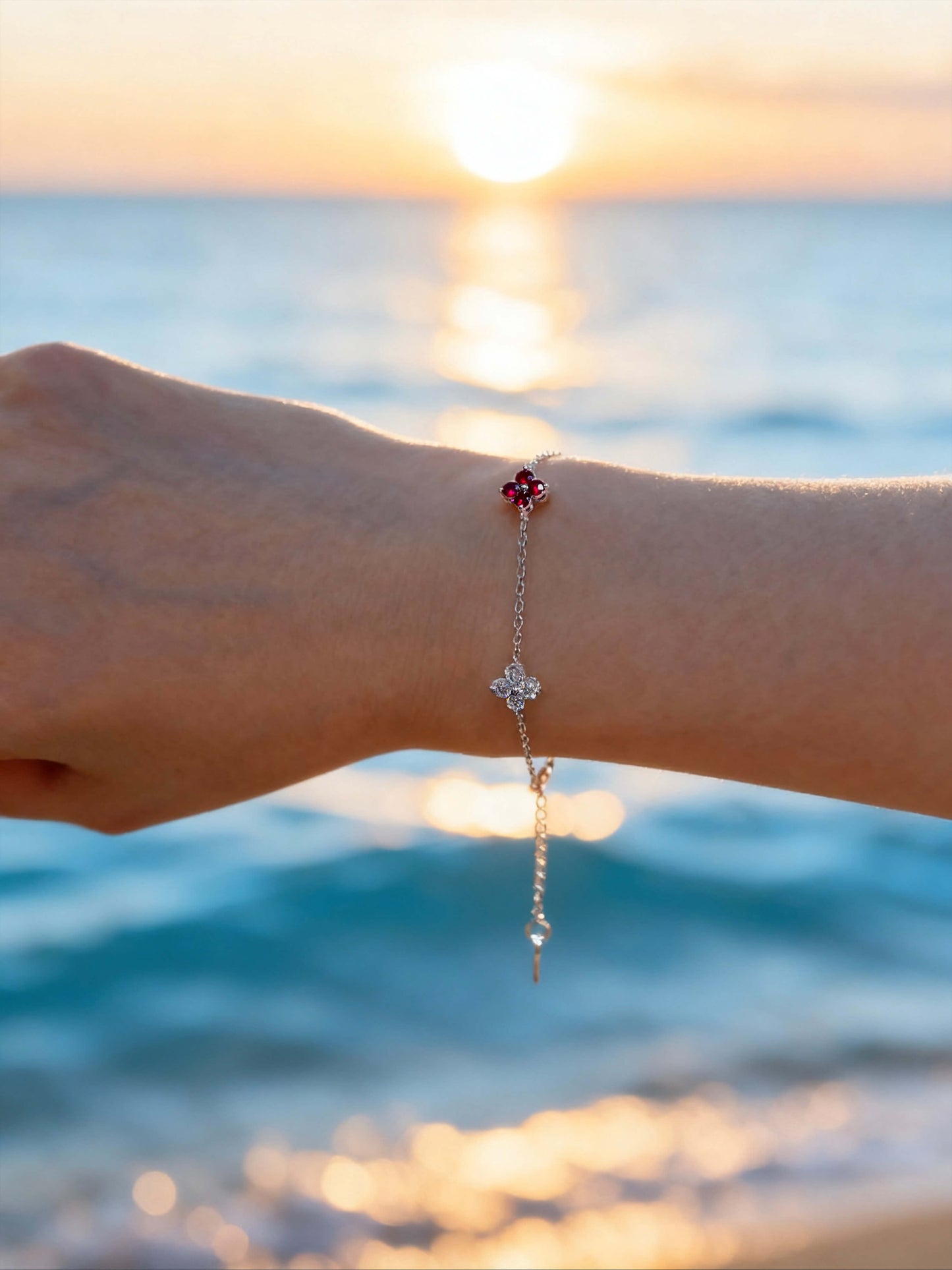 Natural 1.49 Ct. TW Ruby & Diamond Clover Station Bracelet, 14K White Gold