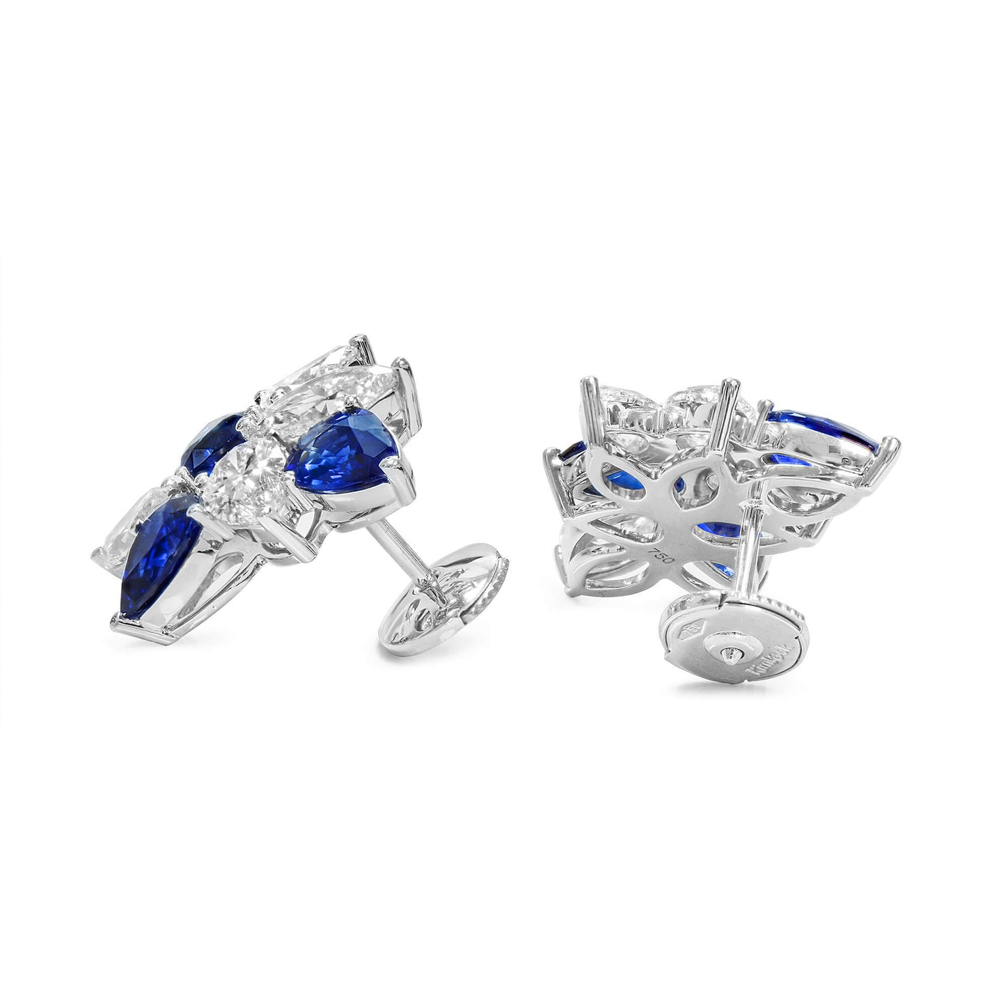 Natural Diamond and Blue Sapphire Cluster Earrings, 18K White Gold, Pear Shape, 8.52 Ct. TW