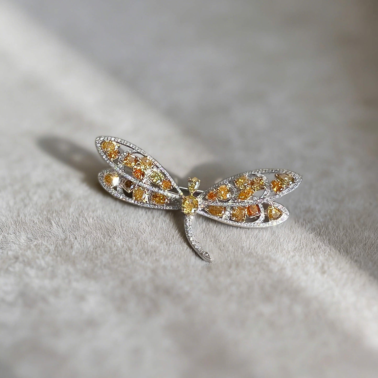 Natural Fancy Intense Yellow & White Diamond Dragonfly Brooch, 14K White & Yellow Gold, 4.80 Ct. TW