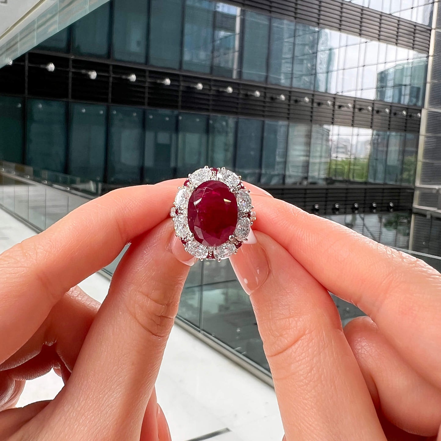 Natural Red Ruby Halo Ring, 18K White Gold, Oval Shape, 12.31 Ct. TW