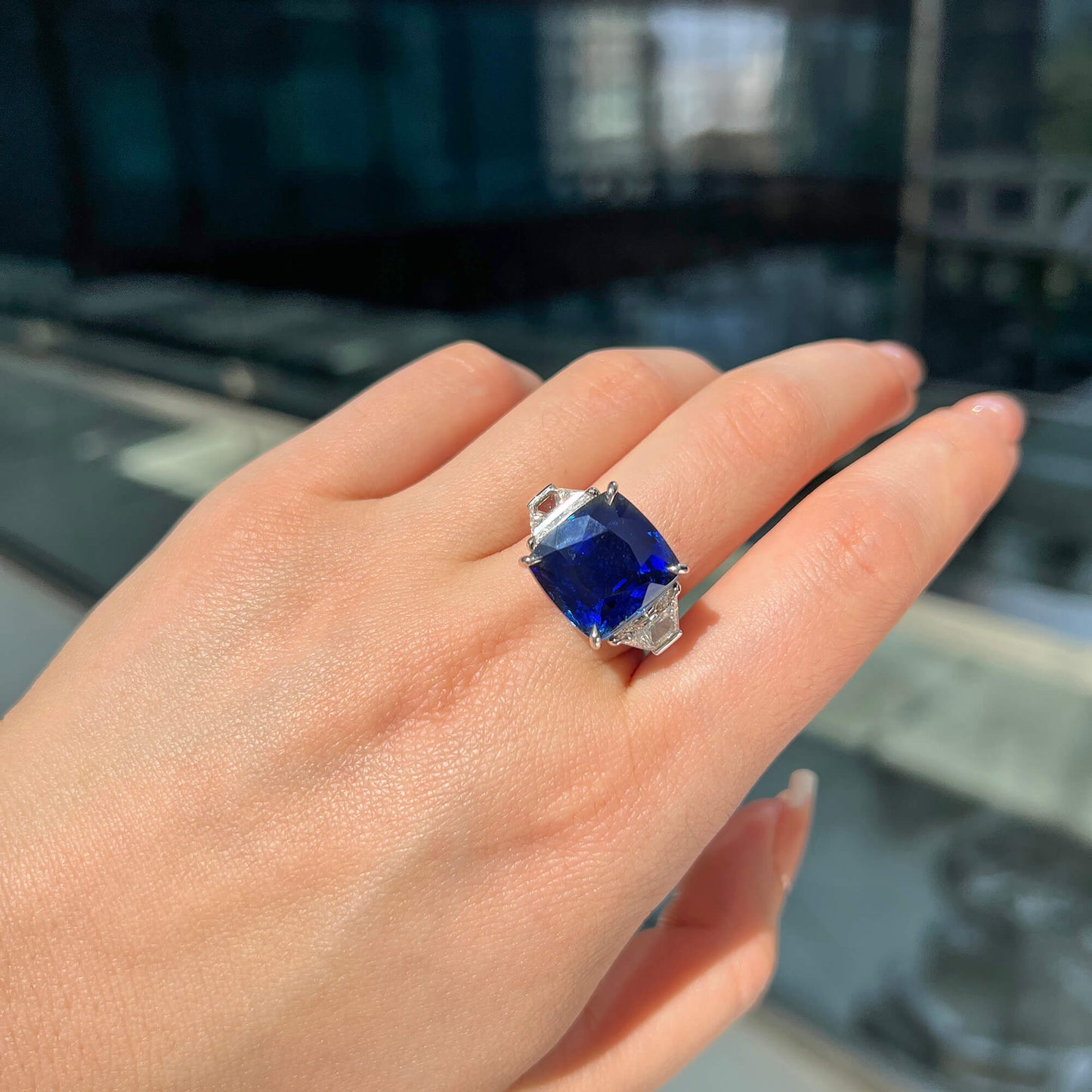 Natural Vivid Blue Sapphire Ring, 21.13 Ct. TW, Cushion shape, SSEF Certified