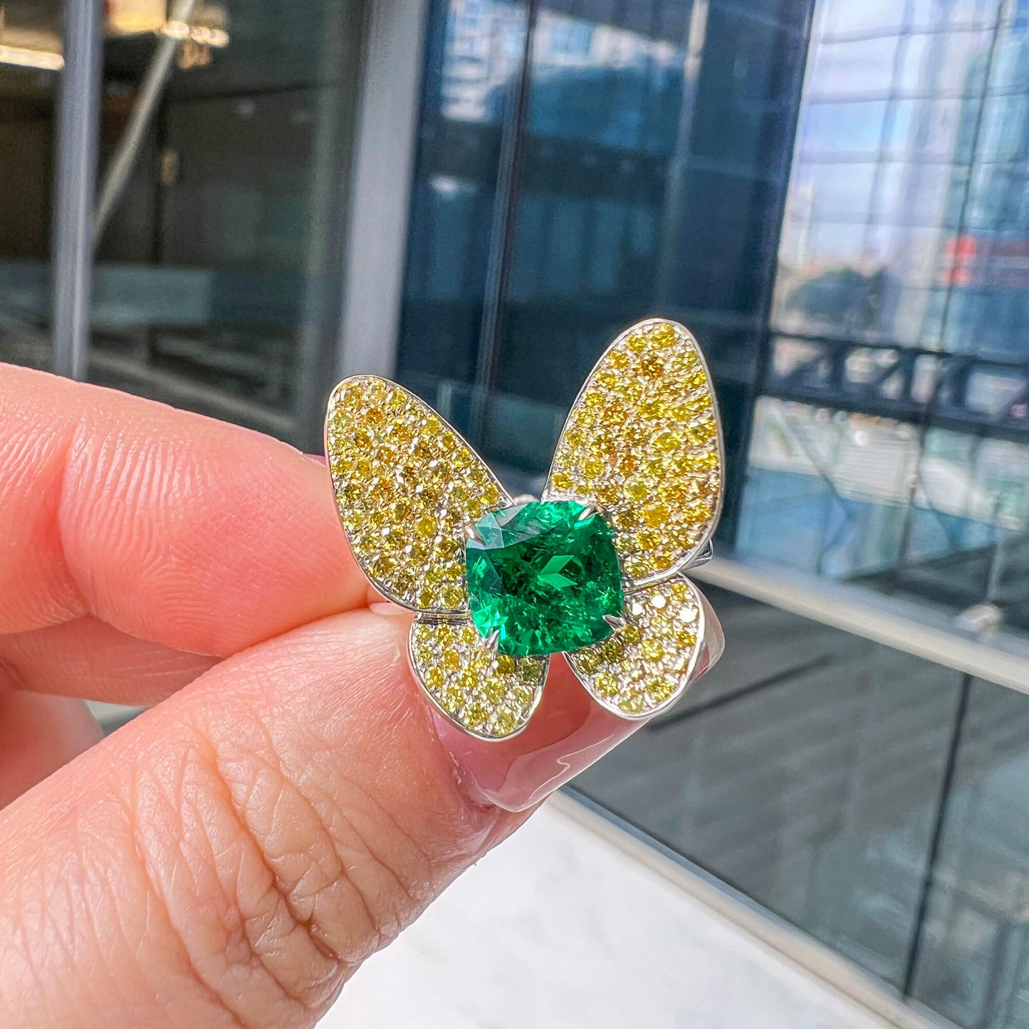 Natural Vivid Green Colombia Emerald Butterfly Shape Ring, 1.36 Ct. (2.16 Ct. TW), GRS2020-128119