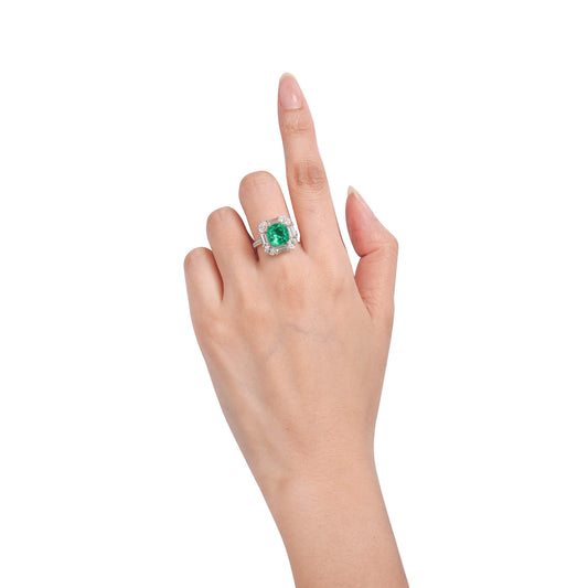 Natural Vivid Green Colombia Emerald Ring, 6.06 Ct. TW, Cushion shape, GRS Certified