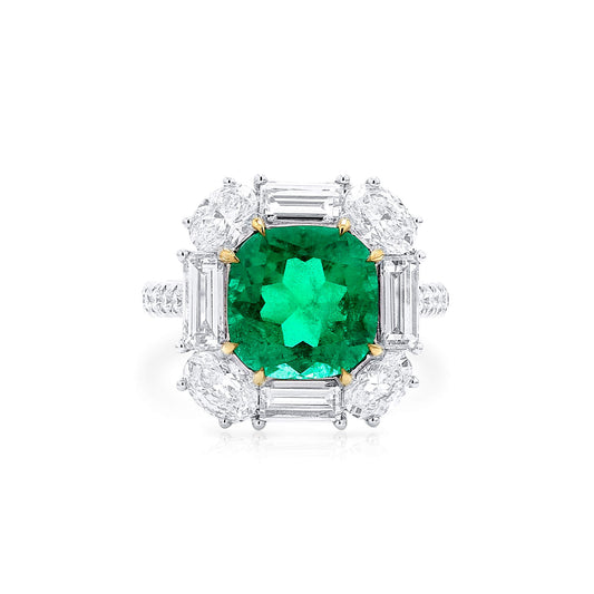 Natural Vivid Green Colombia Emerald Ring, 6.06 Ct. TW, Cushion shape, GRS Certified