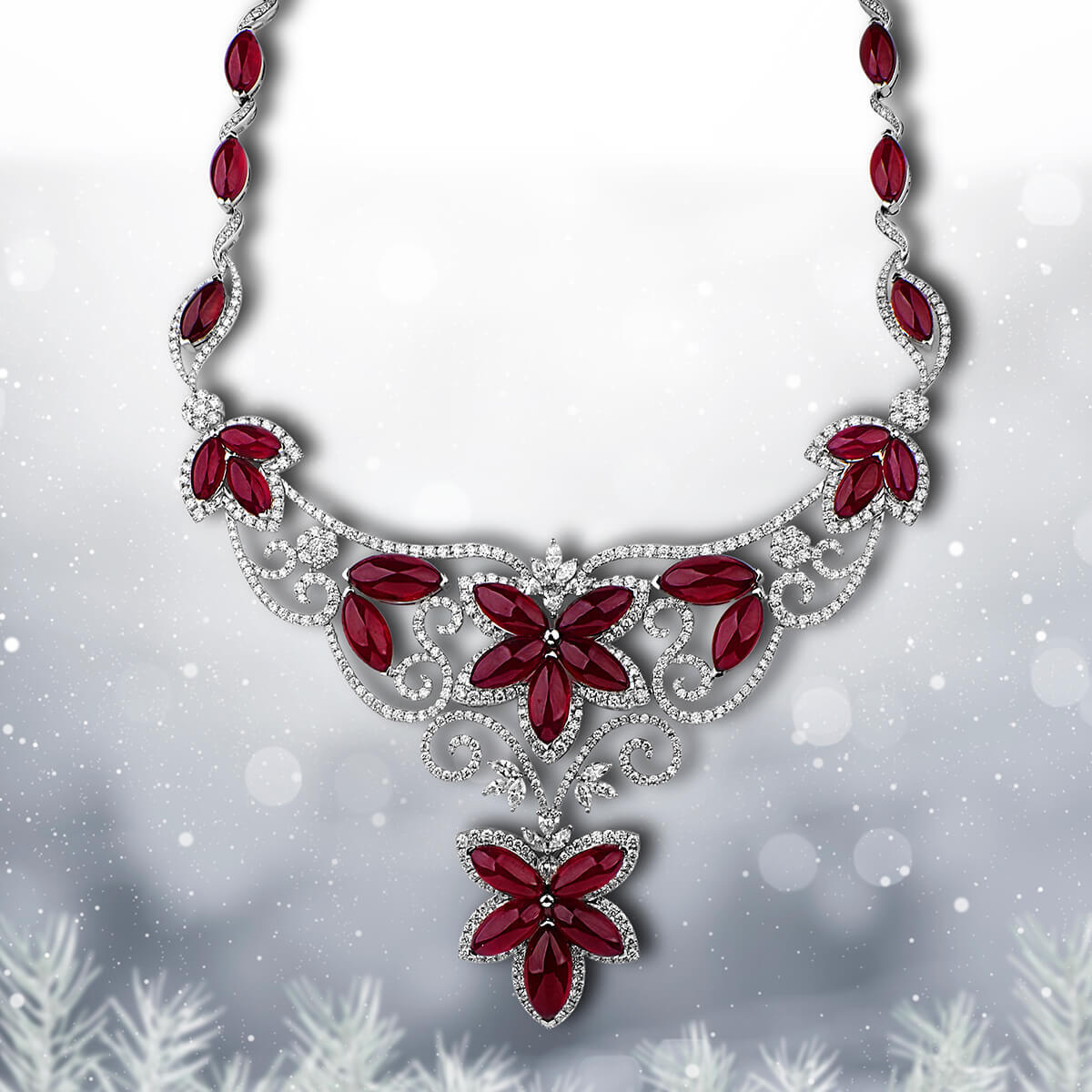 Red Ruby And Diamond Necklace, 143.85 Ct. (158.68 Ct. TW), Mix Shape, S-CJL135419, Unheated