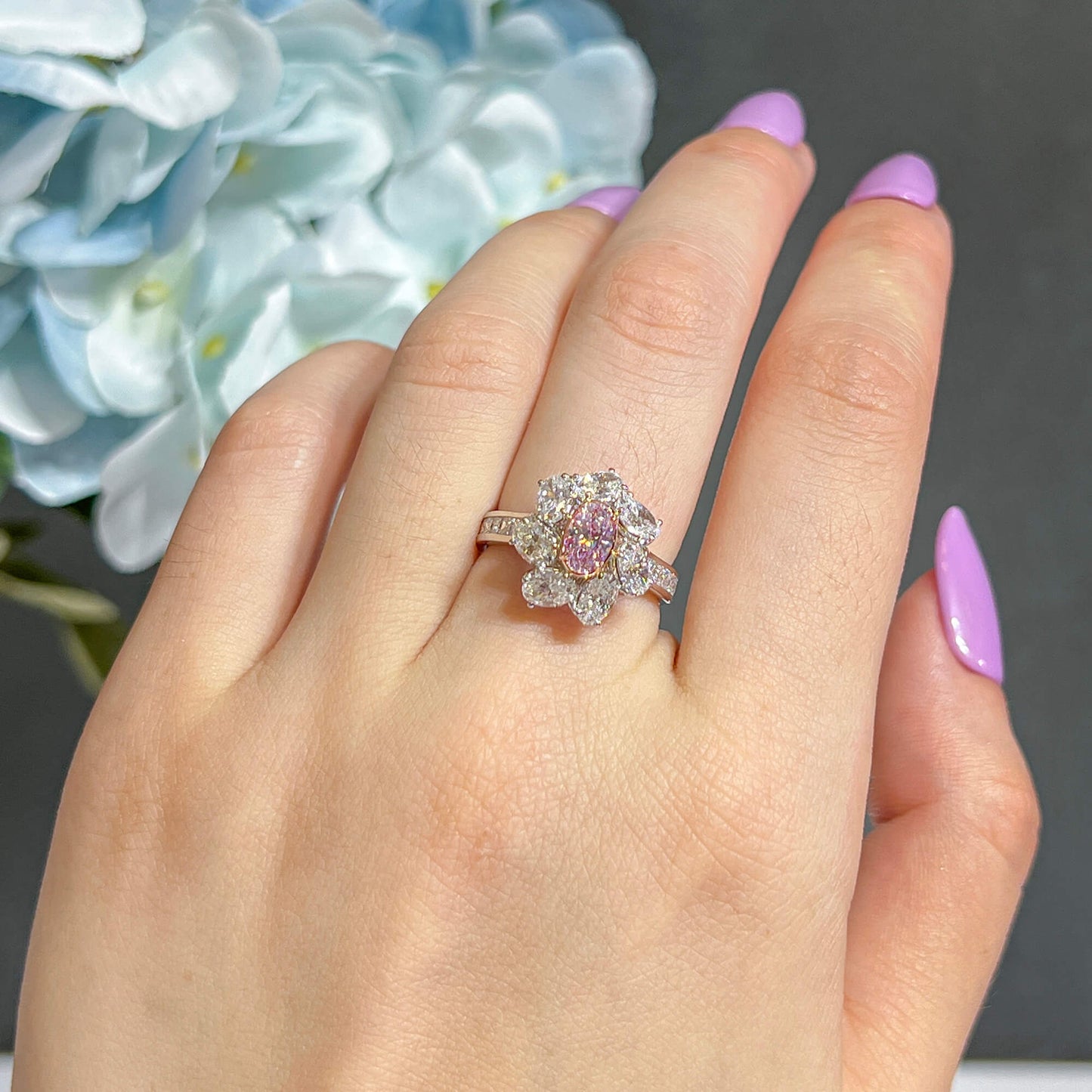 Very Light Pink and White Diamond Ring,0.50 Ct. (3.09 Ct. TW), Oval Shape, GIA Certified, 2225230737