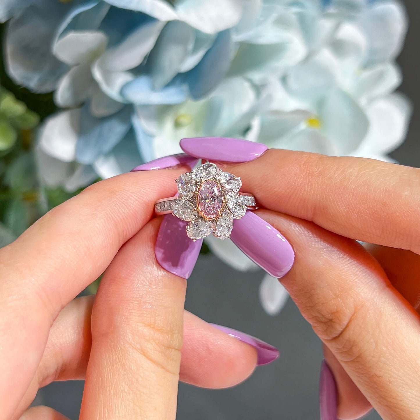 Very Light Pink and White Diamond Ring,0.50 Ct. (3.09 Ct. TW), Oval Shape, GIA Certified, 2225230737