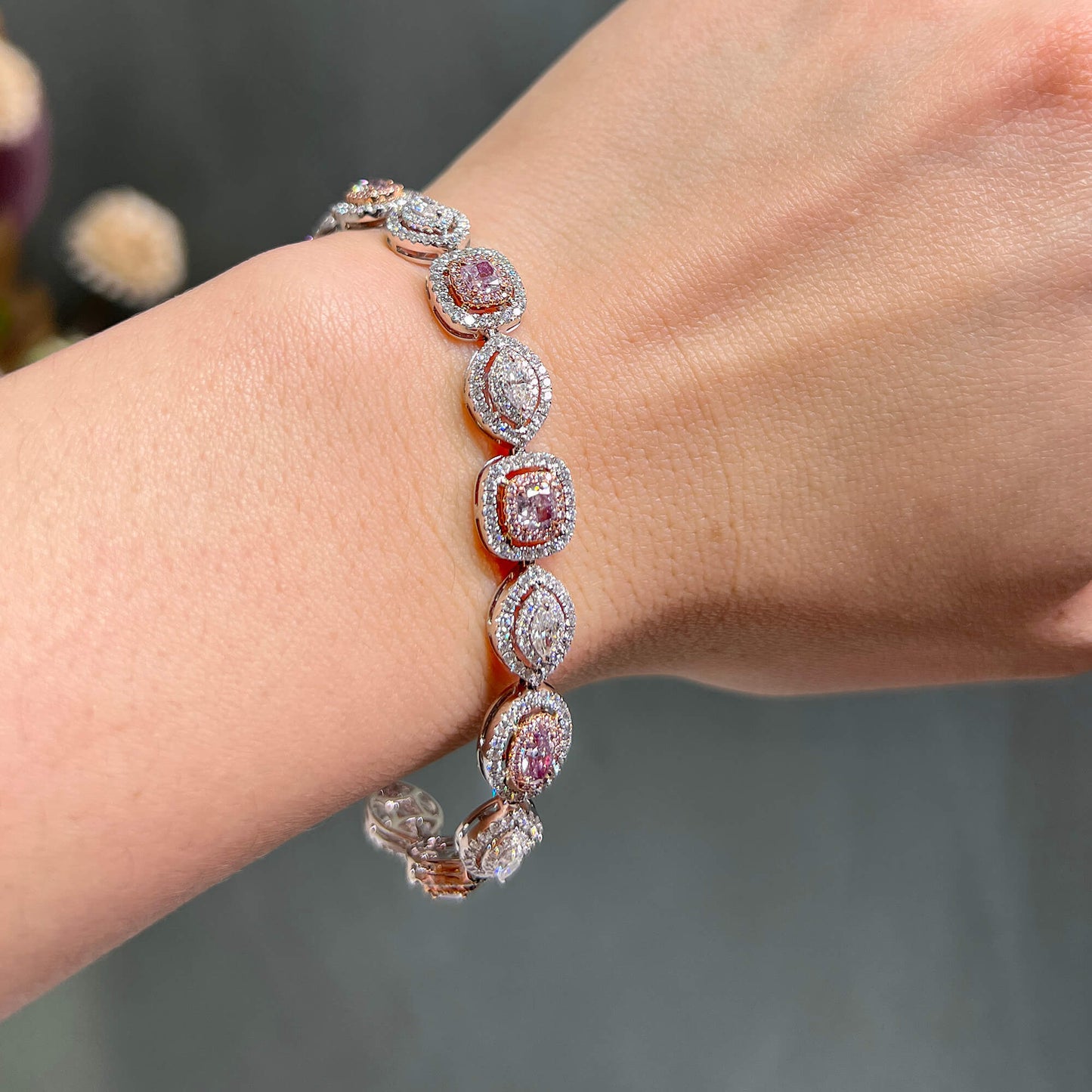 Very Light Pink Diamond Bracelet, 6.58 Ct. TW, Pear shape, GIA Certified