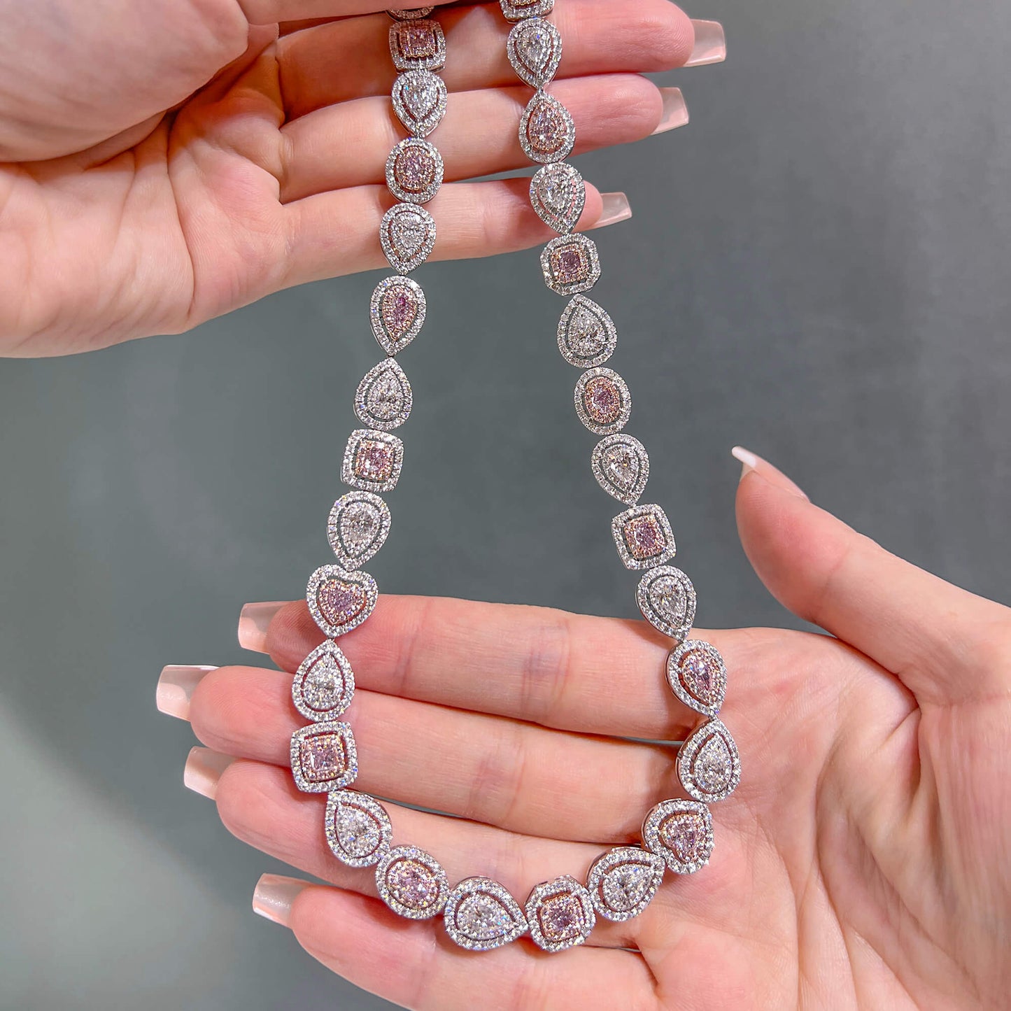 Very Light Pink Diamond Necklace, 17.70 Ct. TW, MIX shape, GIA Certified