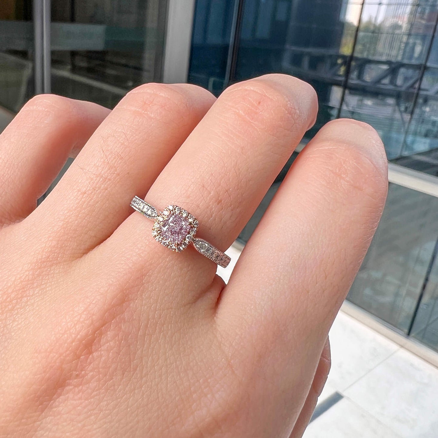Very Light Pink Diamond Ring, 0.74 Ct. TW, Cushion shape, GIA Certified