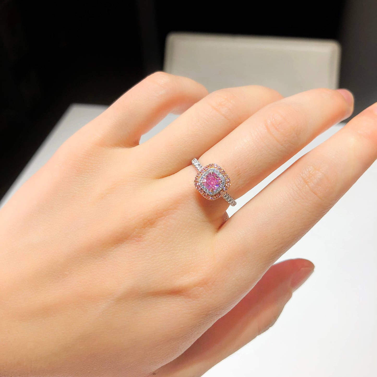 Very Light Pink Diamond Ring, 0.91 Ct. TW, Radiant shape, GIA Certified