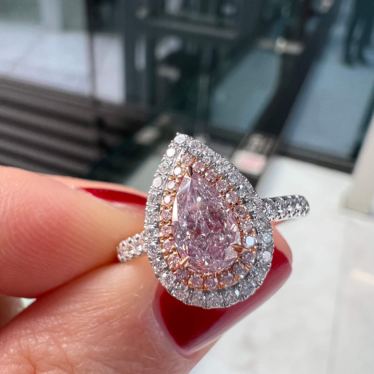 Very Light Pink Diamond Ring, 1.23 Ct. TW, Pear shape, GIA Certified