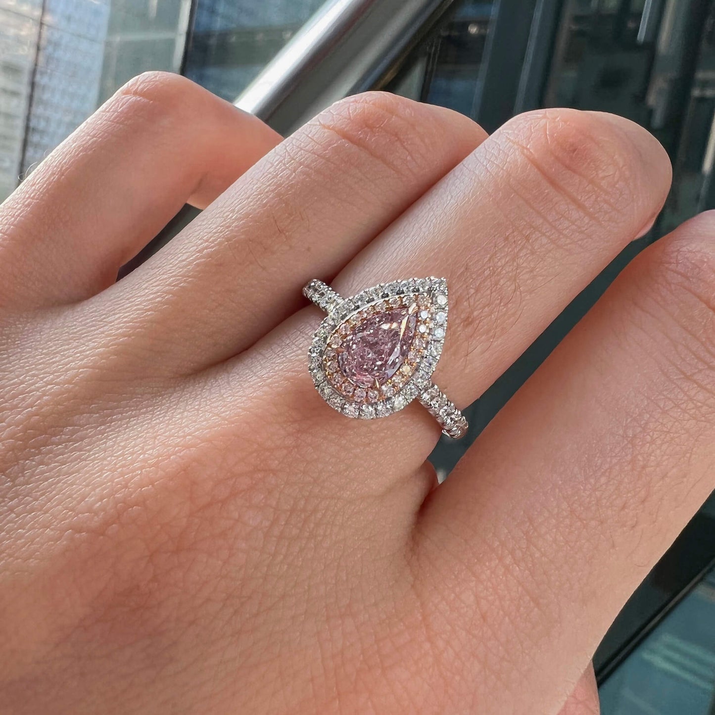 Natural Very Light Pink Diamond Halo Ring, 18K White & Rose Gold, Pear Shape, 1.23 Ct. TW