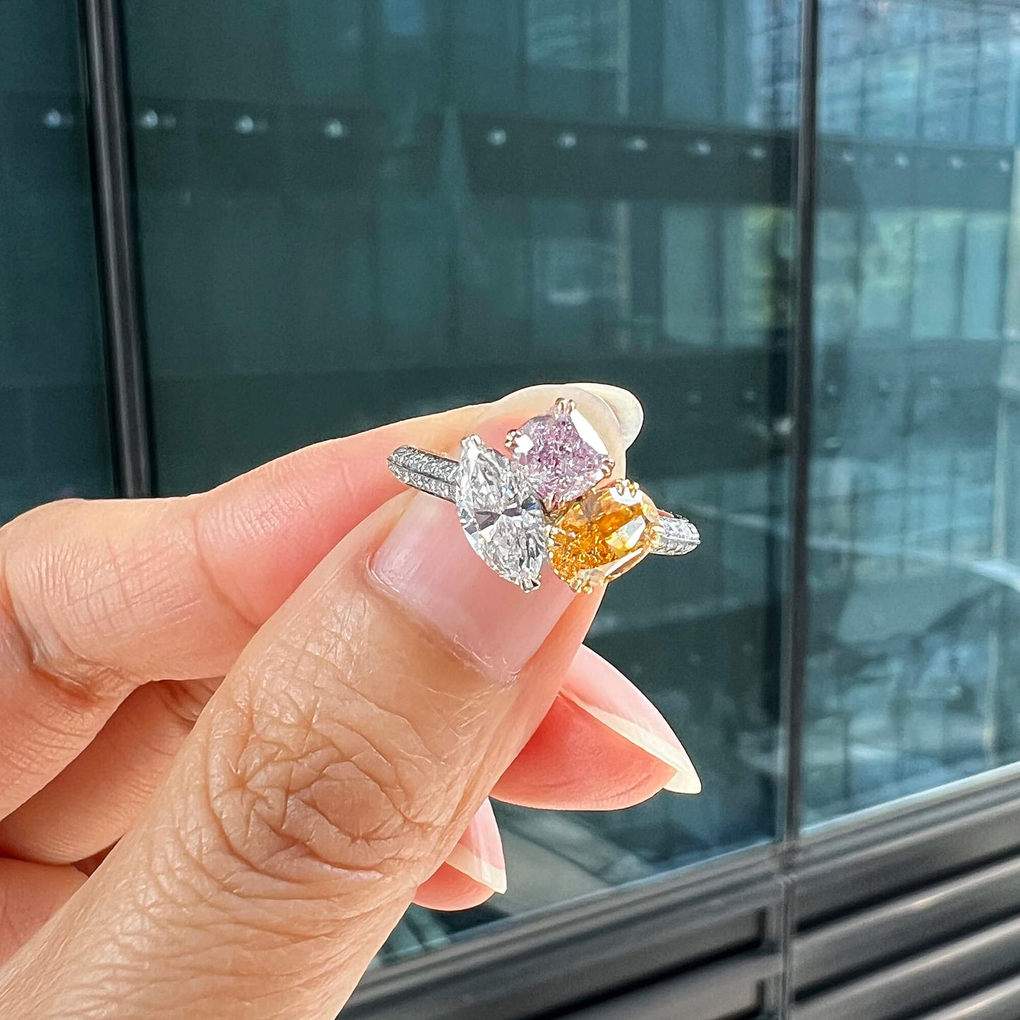 Natural Pink & Yellow & White Diamond Ring, 18K White Gold, 2.00 Ct. TW