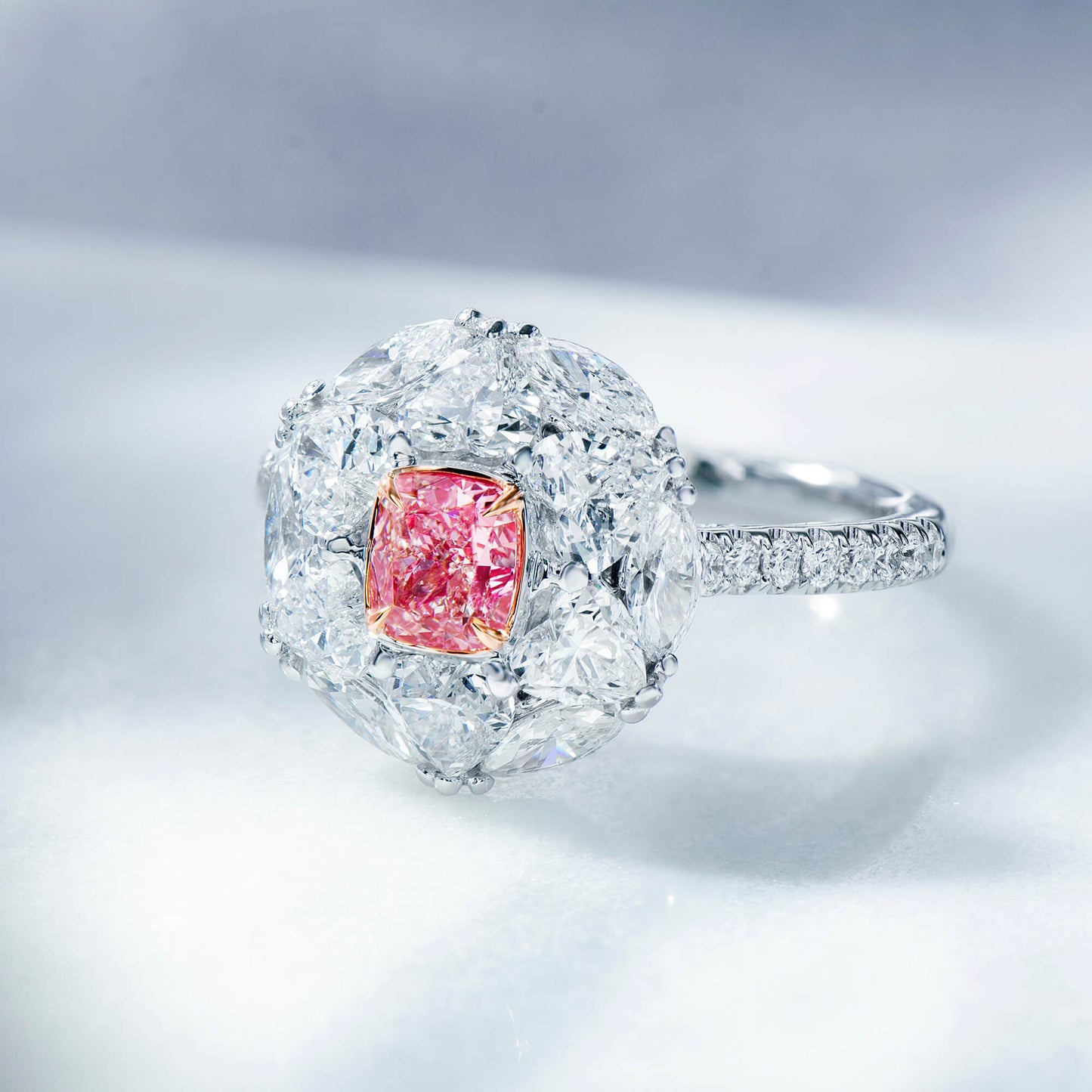 Natural Very Light Pink Diamond Halo Ring, 18K White & Rose Gold, Cushion Shape, 2.83 Ct. TW