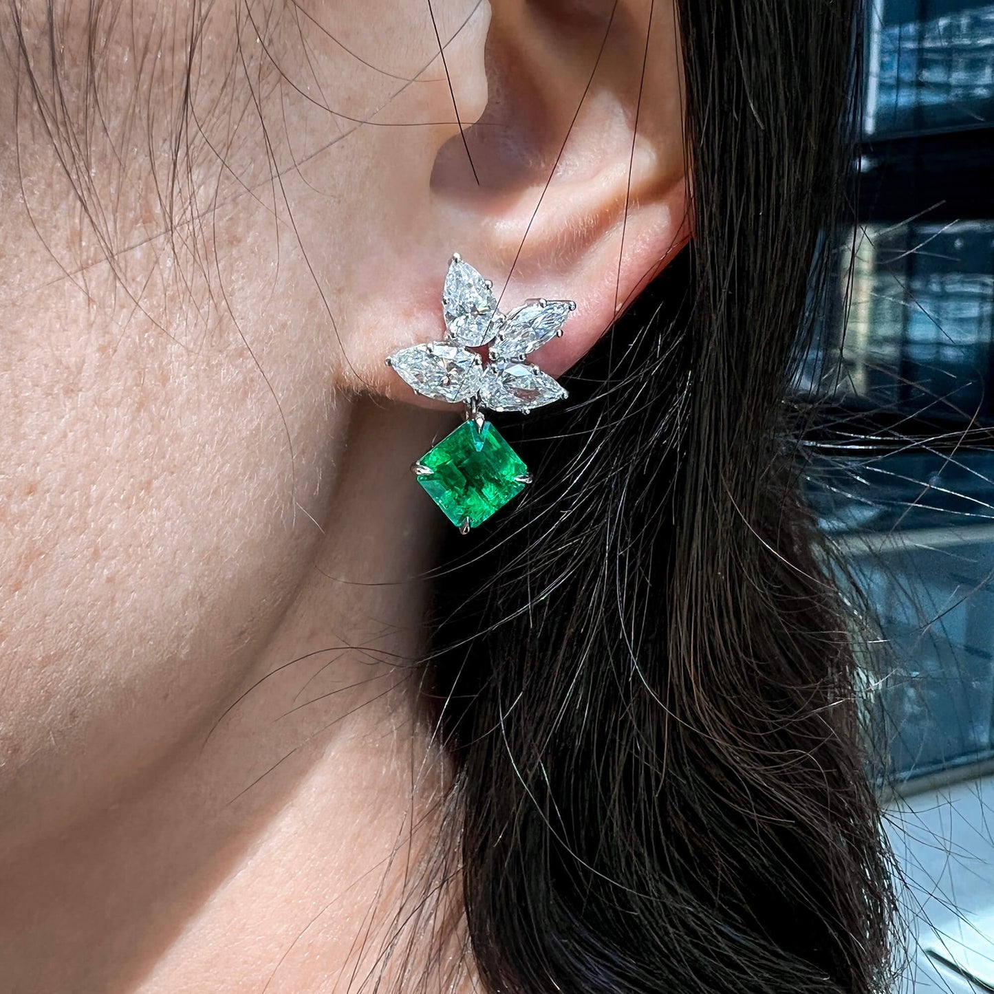 Natural 8.17 Ct. TW Cushion-Cut Colombian Emerald & Diamond Drop Earrings, 18K White Gold