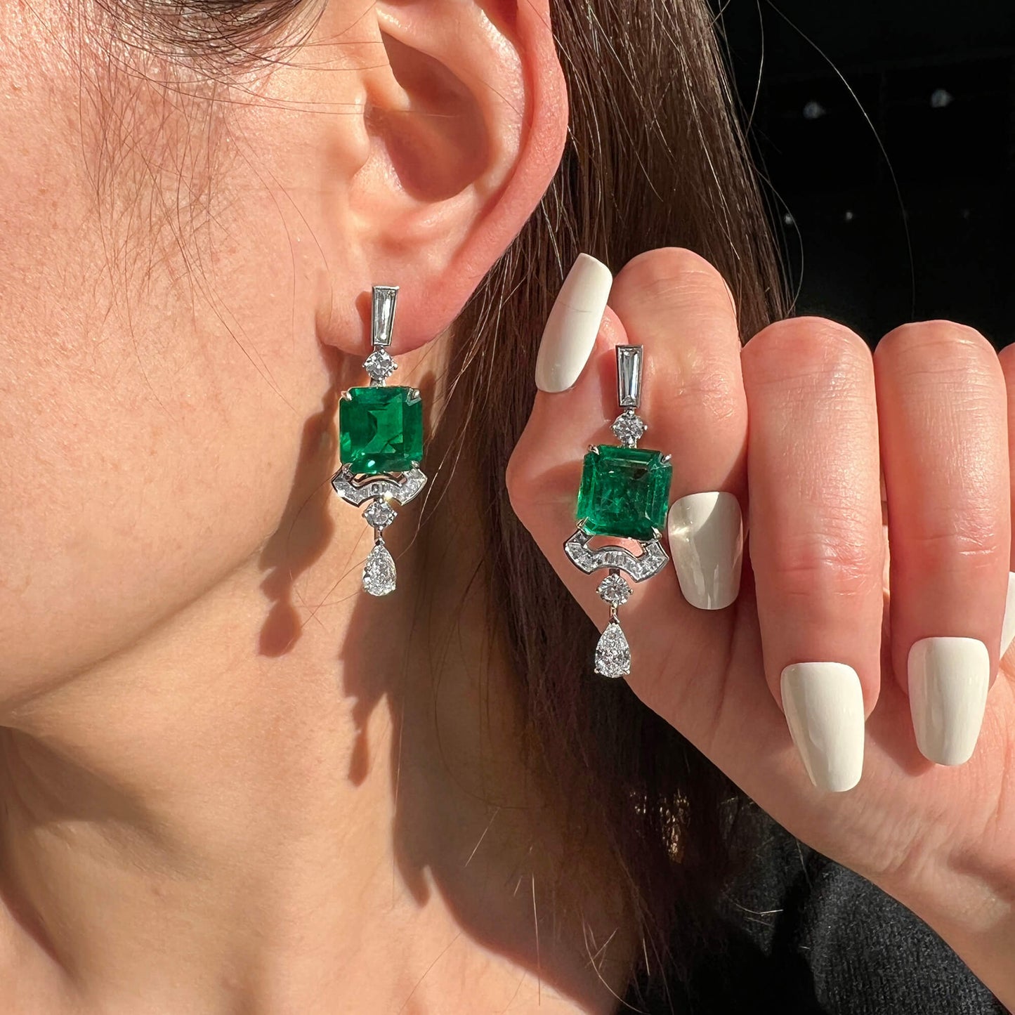 Natural Vivid Green Zambian Emerald Drop Earrings, 18K White Gold, Emerald Shape, 19.02 Ct. TW, Not Treated