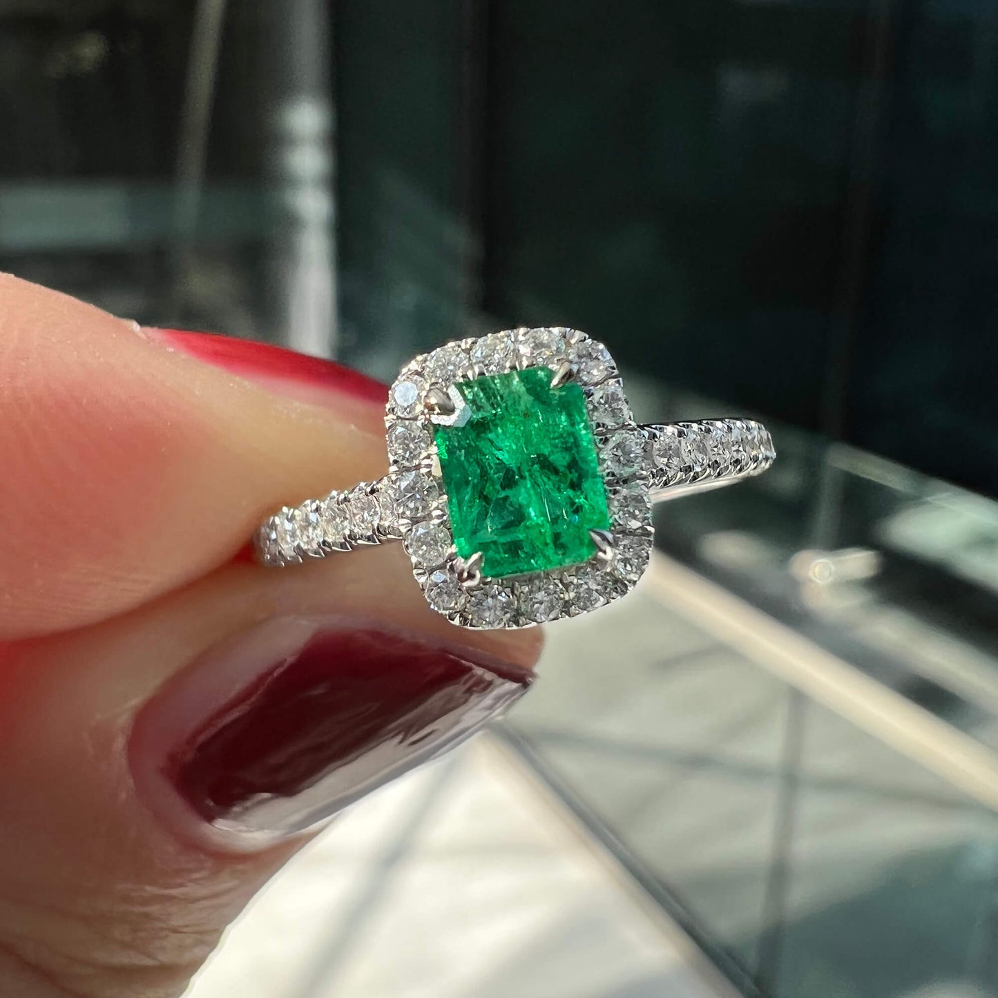 Natural Vivid Green Colombian Emerald Halo Ring, 18K White Gold, Radiant Shape, 0.65 Ct. TW