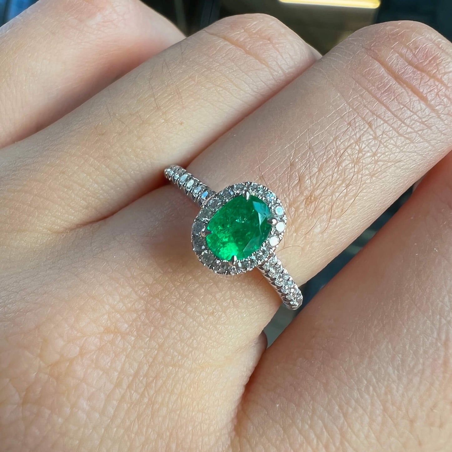 Natural Vivid Green Colombian Emerald Halo Ring, 18K White Gold, Oval Shape, 0.65 Ct. TW